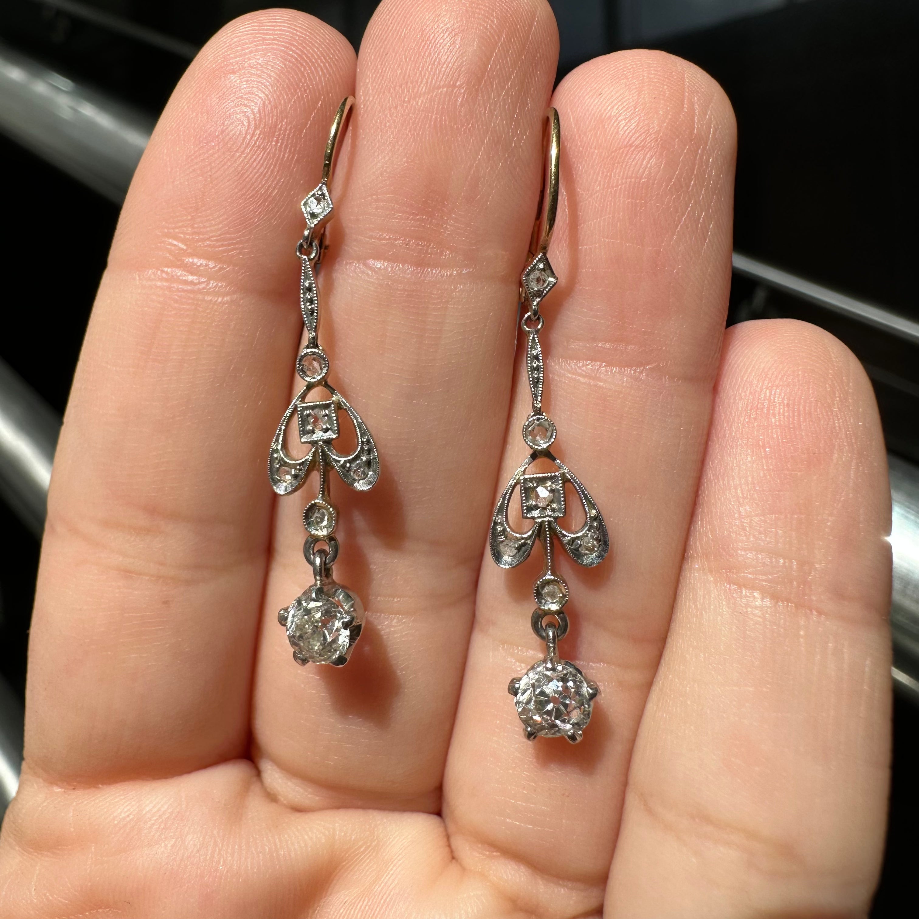 18K Yellow Gold & Platinum Vintage Diamond Drop Earrings
