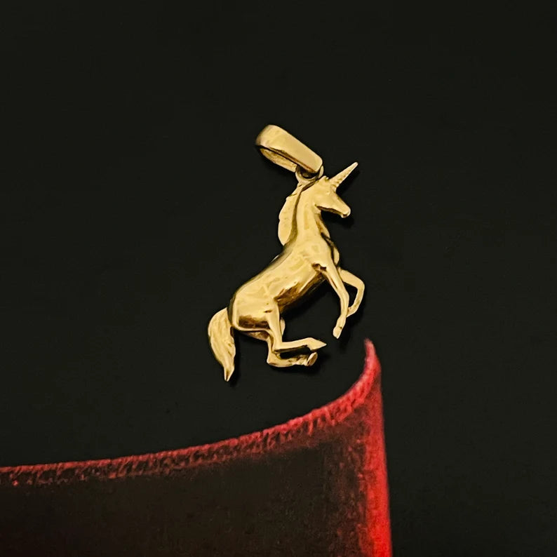 Solid 14K Yellow Gold Galloping Unicorn Charm Pendant