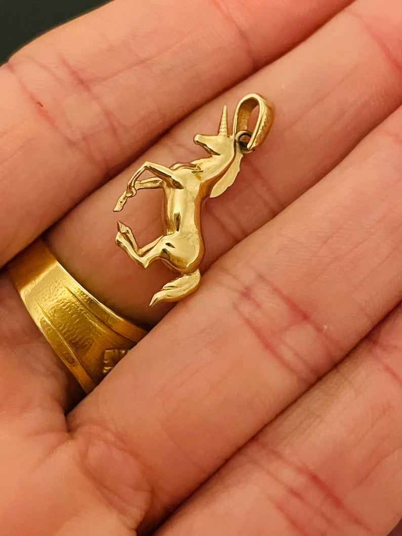 Solid 14K Yellow Gold Galloping Unicorn Charm Pendant