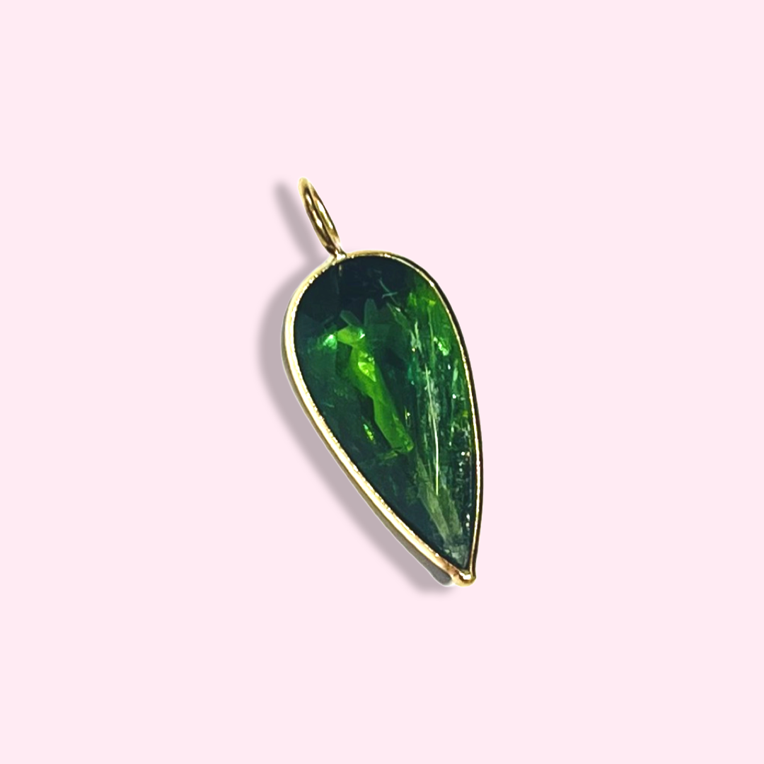 Deep Green Pear Cut Tourmaline 14K Yellow Gold Pendant Charm 22x9mm