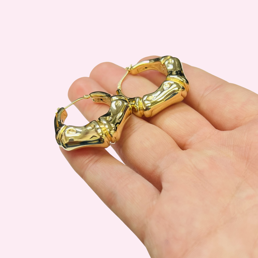 10K Yellow Gold 1.25" x 10mm Bamboo Hoop Earrings