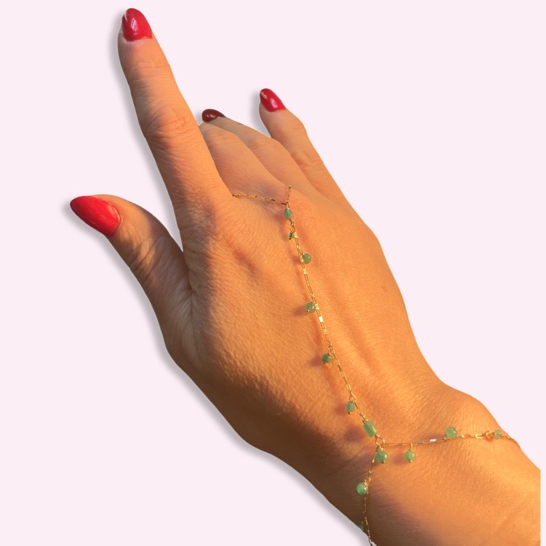 “The Monique” Colombian Emerald Dangle Handchain 14k Yellow Gold