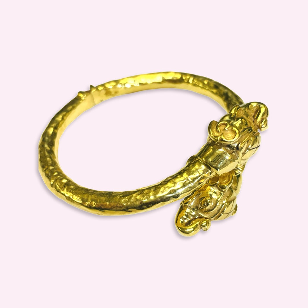 14K Yellow Gold Double Headed Elephant Bangle Wrap Bracelet