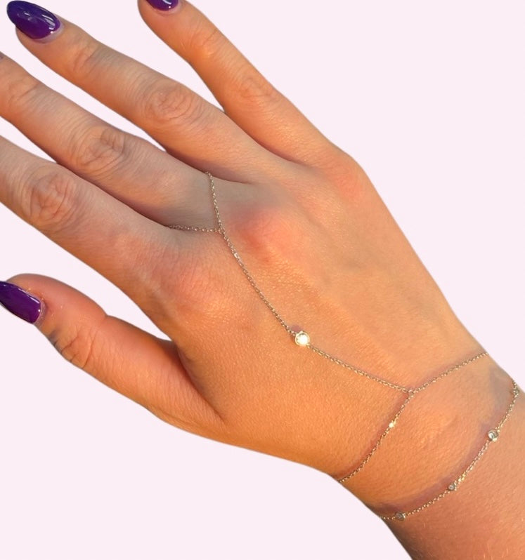.35CT Old Mine Cut Diamond 14K White Gold Diamond Solitaire Hand Chain Bracelet
