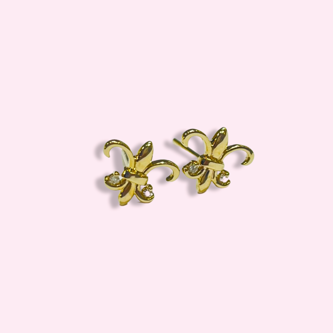 Beautiful Fleur de Lis Diamond Stud Earrings 14K Yellow Gold