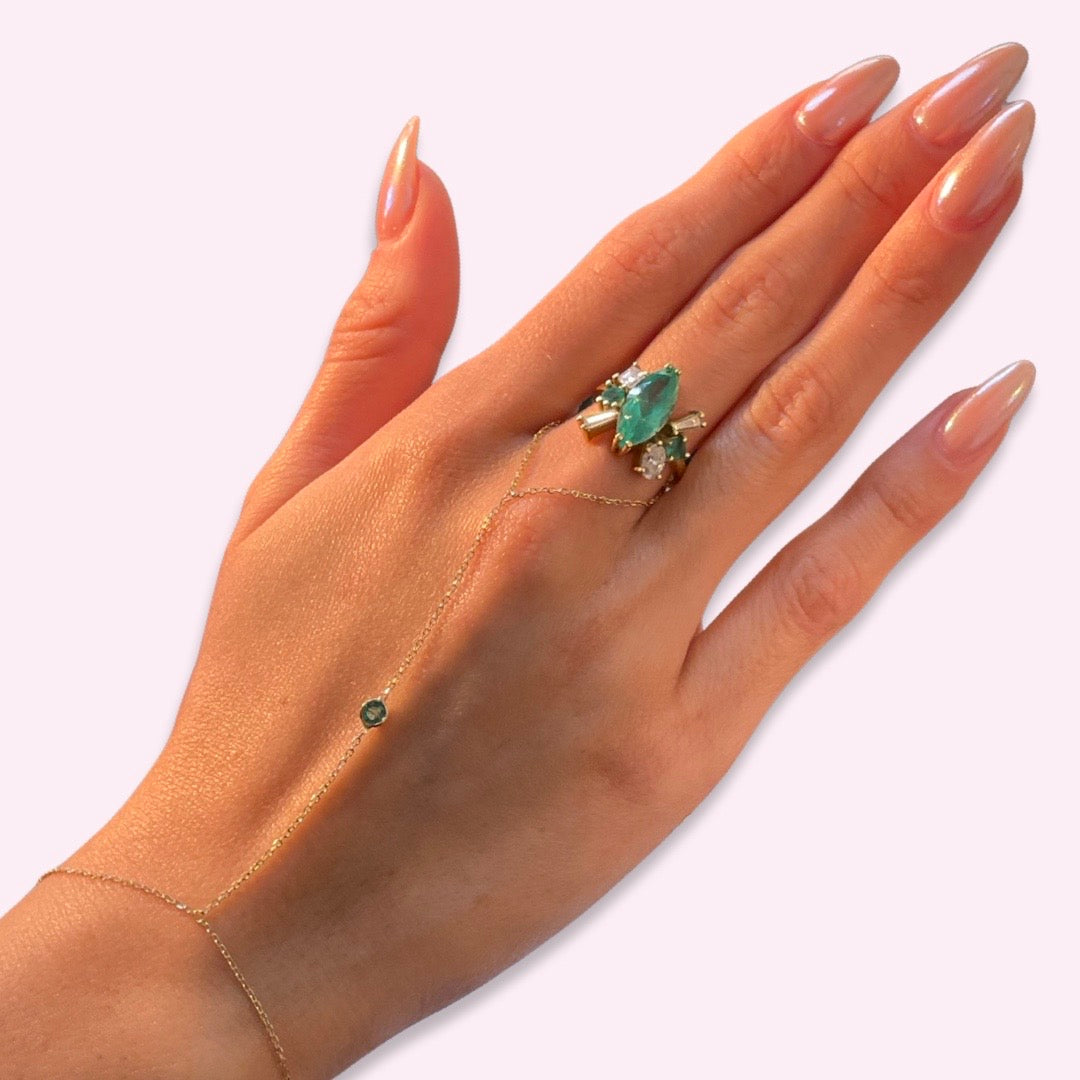 14K Yellow Gold Single Round Emerald Handchain