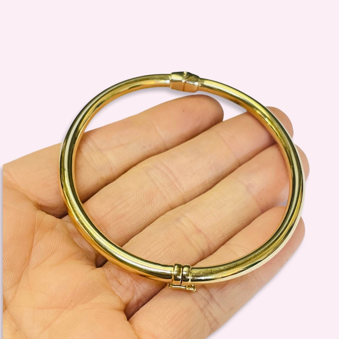6.75" 14K Yellow Gold Smooth Tube Hinged Bangle Bracelet 4mm