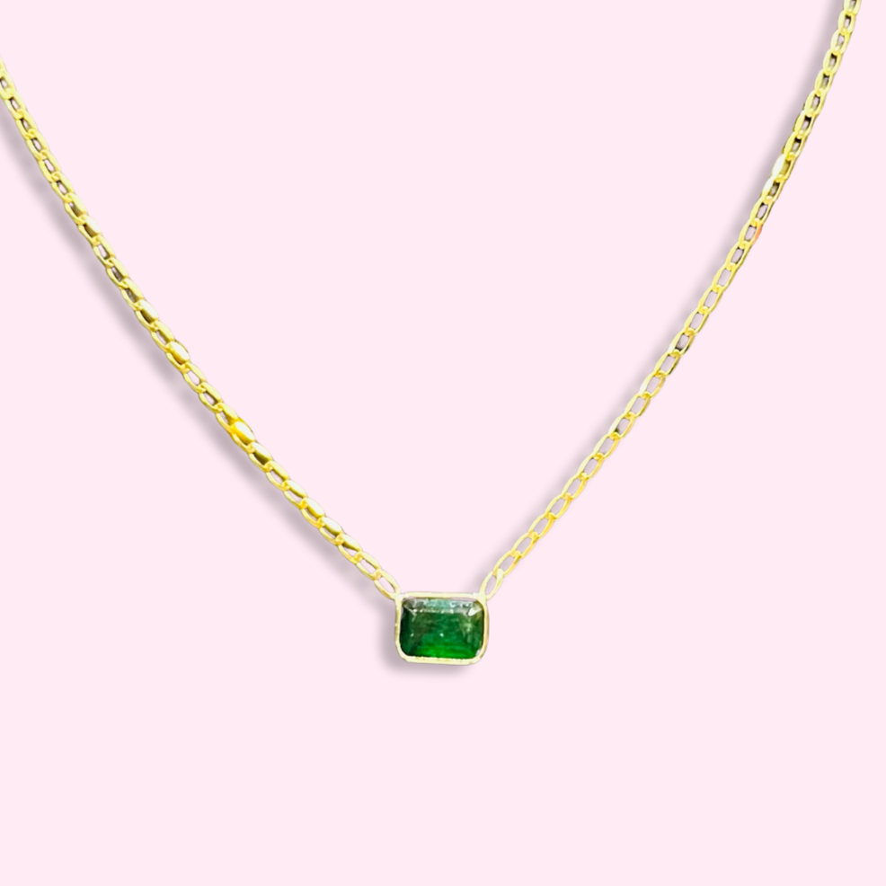 14K Yellow Gold Solitaire Natural Rectangular Emerald Necklace, 16"