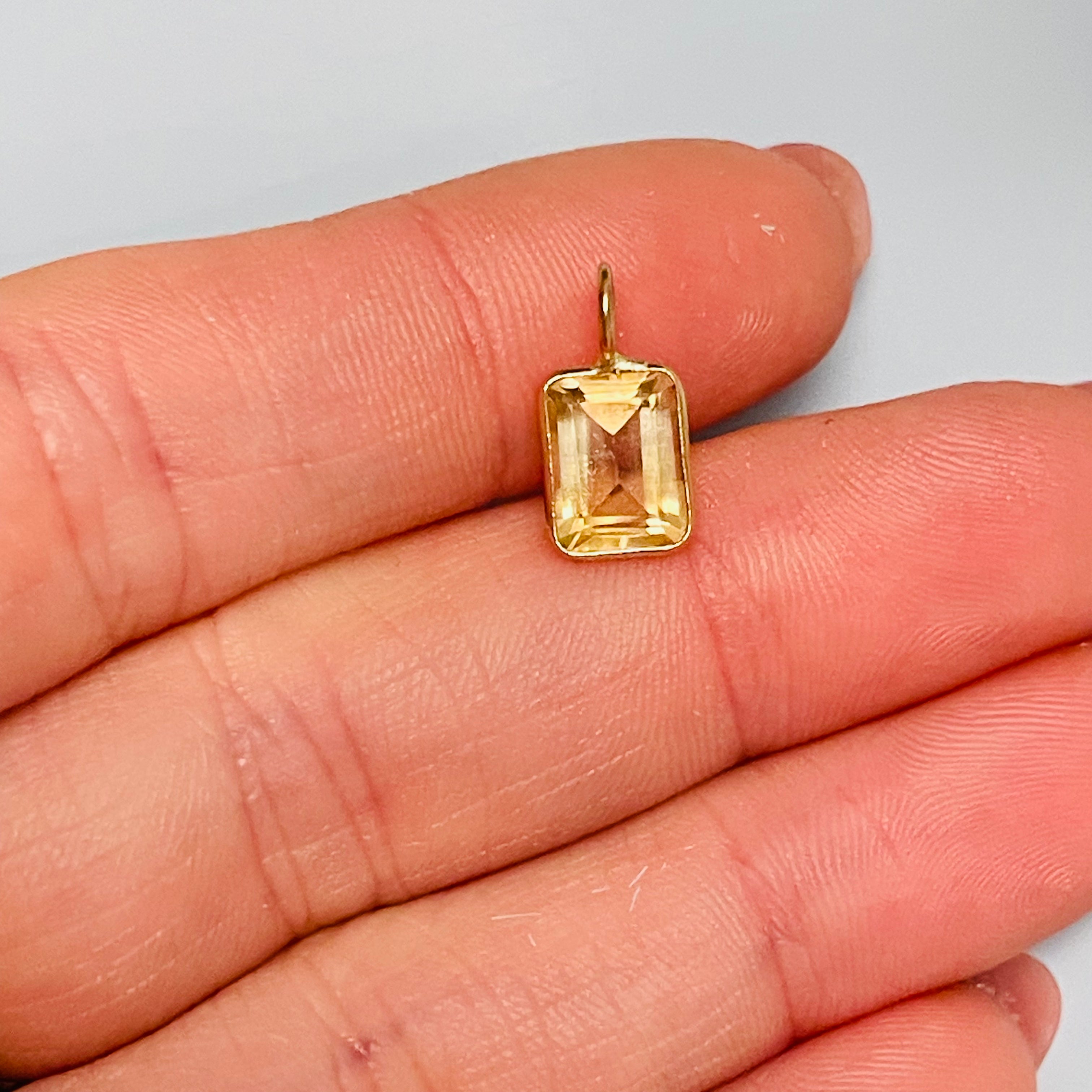 Natural Yellow Citrine Emerald Cut 14K Yellow Gold Pendant Charm 13x6.5mm