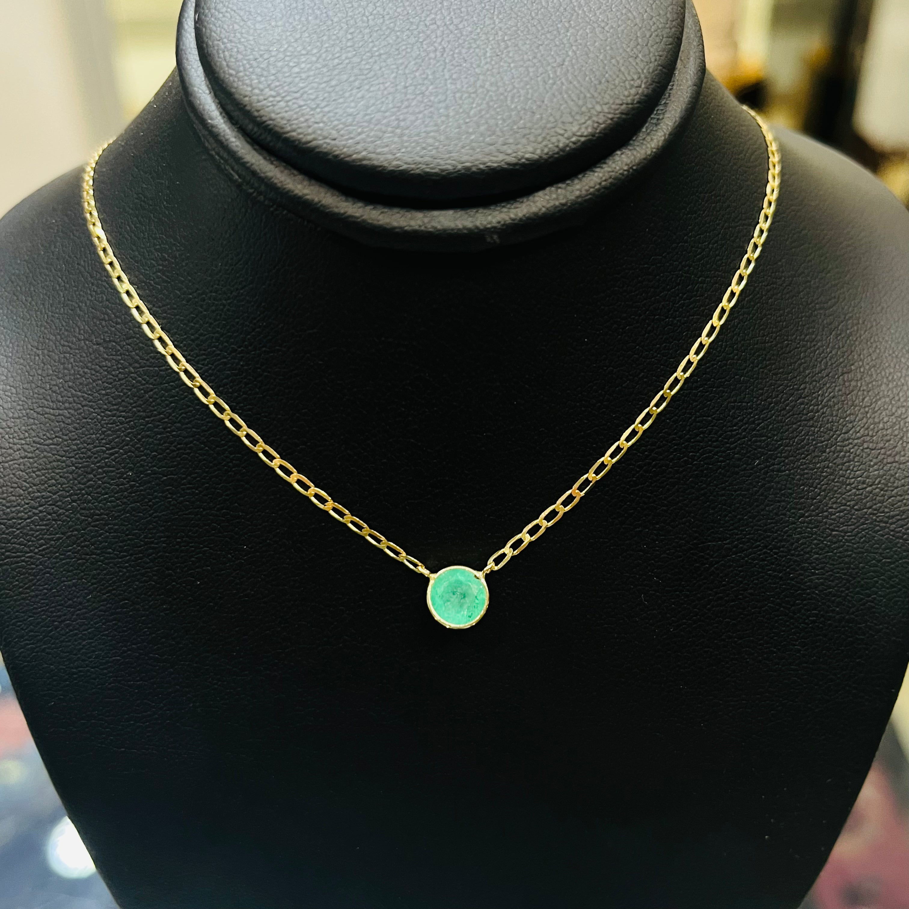 14K Yellow Gold Solitaire Round Natural Emerald Necklace, 18"