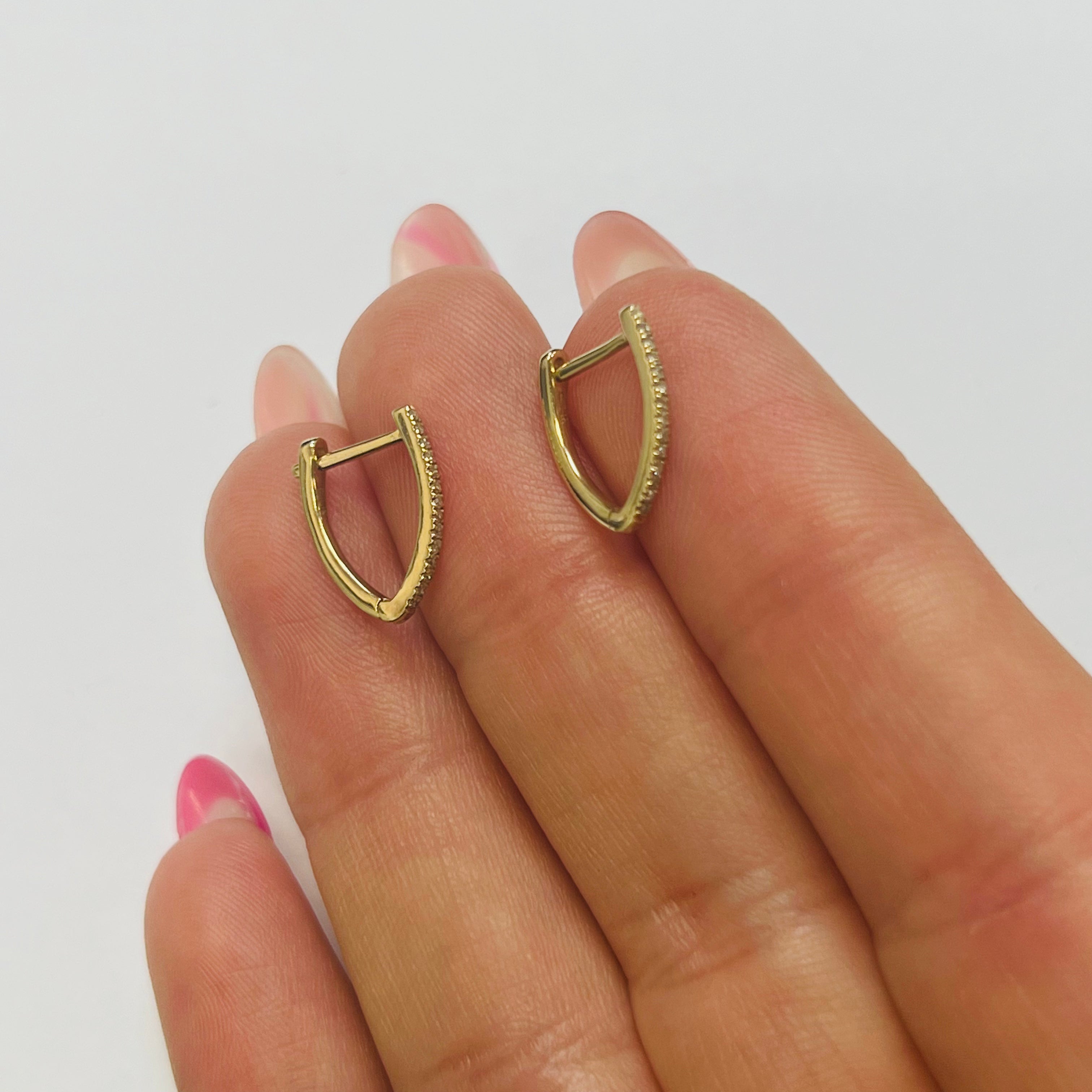 Solid 14K Yellow Gold Diamond V Shape Huggie Hoops .47"