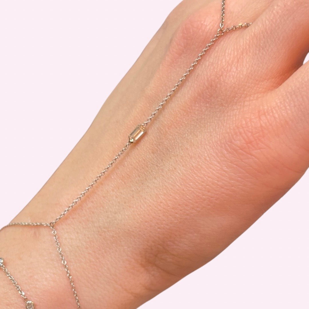 .15CT Baguette Diamond 14K White Gold Diamond Solitaire Hand Chain Bracelet