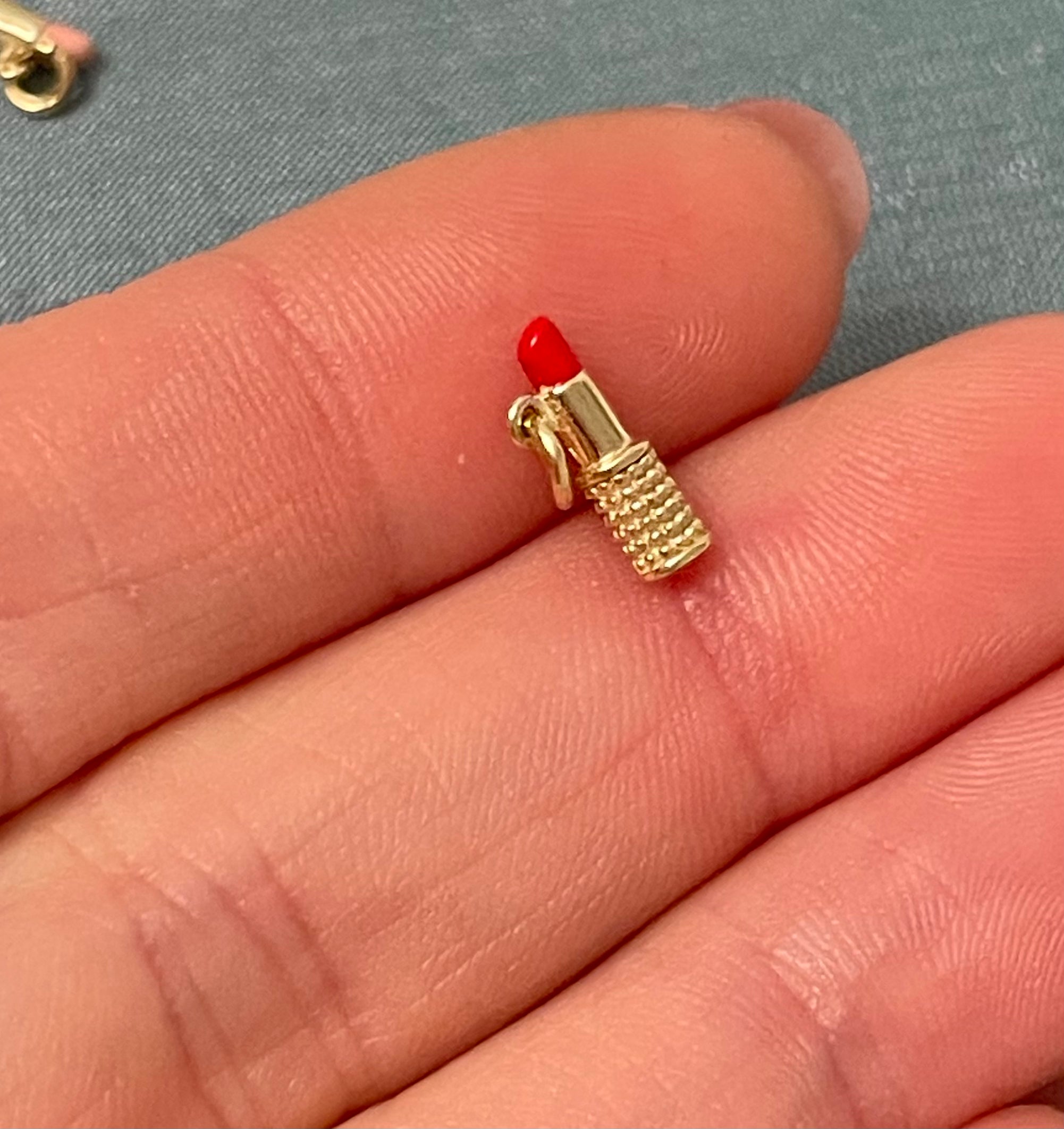 Mini Solid 14K Yellow Gold Red Enamel Lipstick Charm Pendant