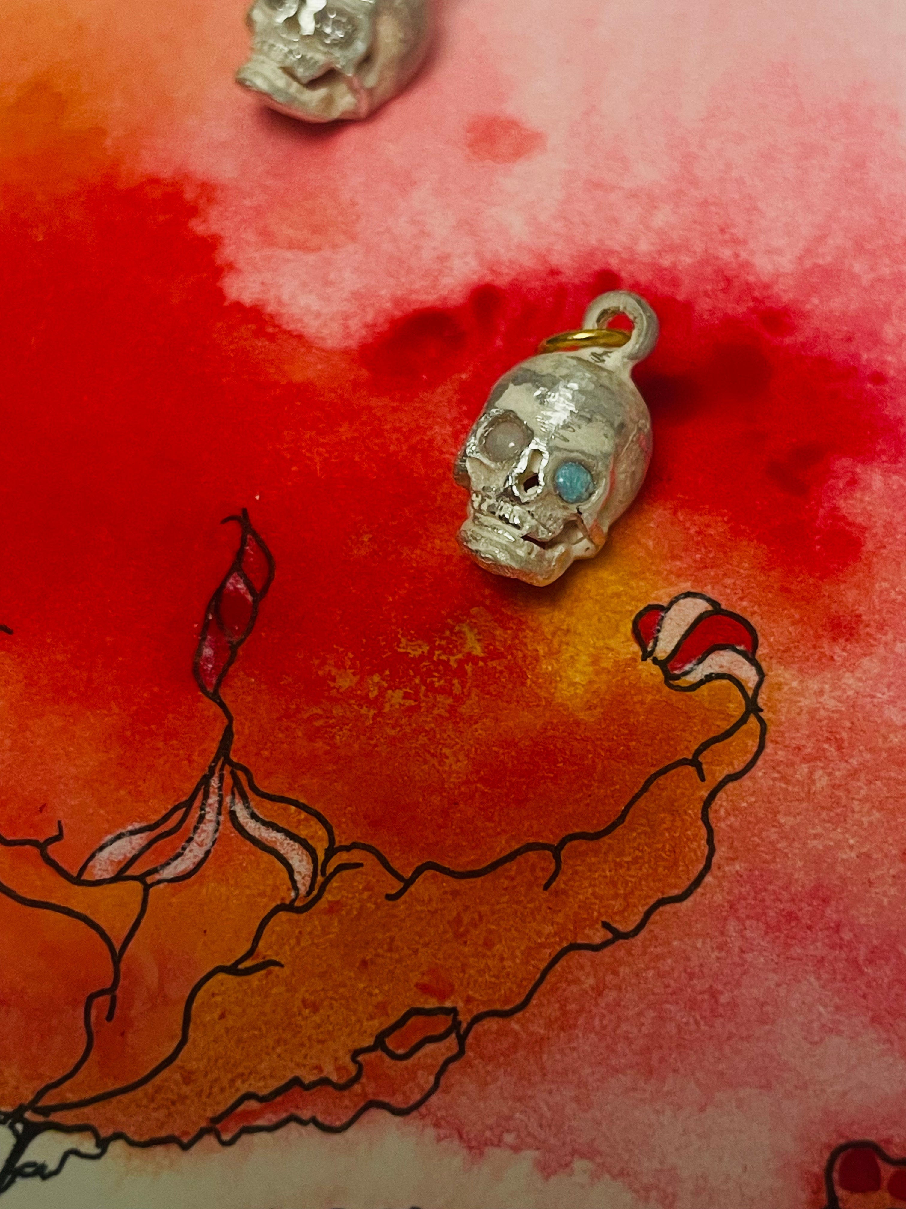 Raw Silver and Australian Opal Eyes Skull Charm Pendant