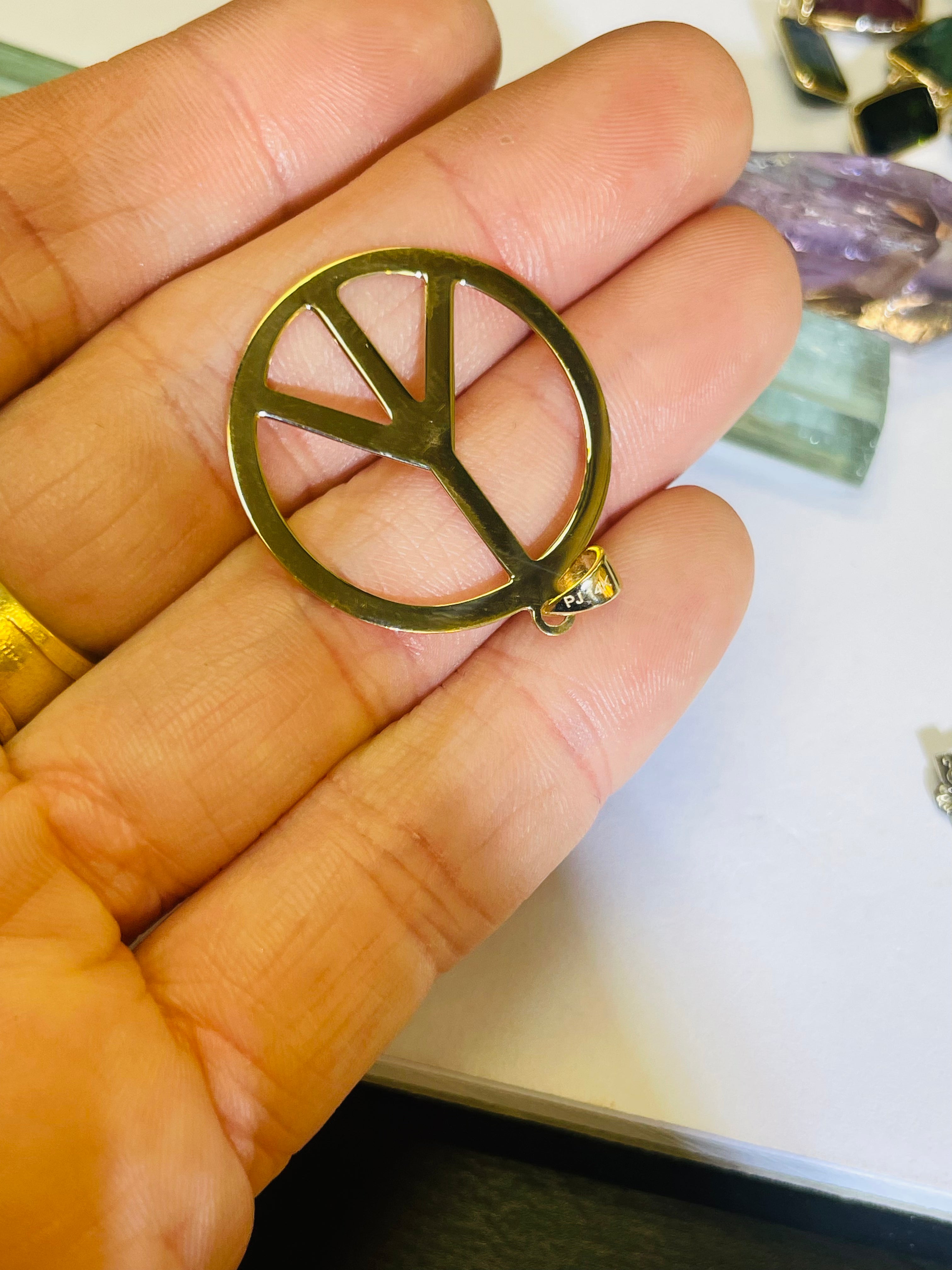 14K Yellow Gold Peace Sign Pendant 1.25x1”