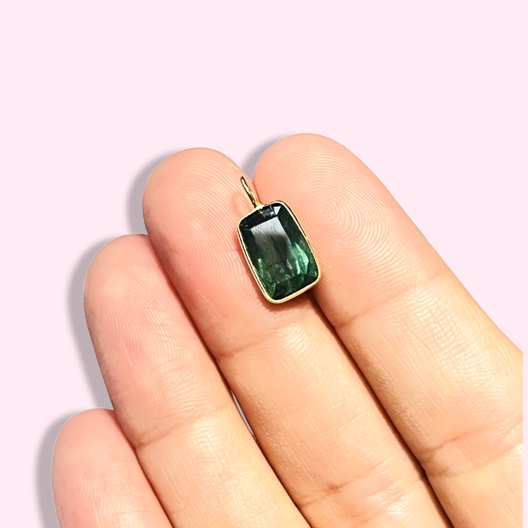 Blue Aqua Rectangular Tourmaline 14K Yellow Gold Pendant Charm 16x8mm