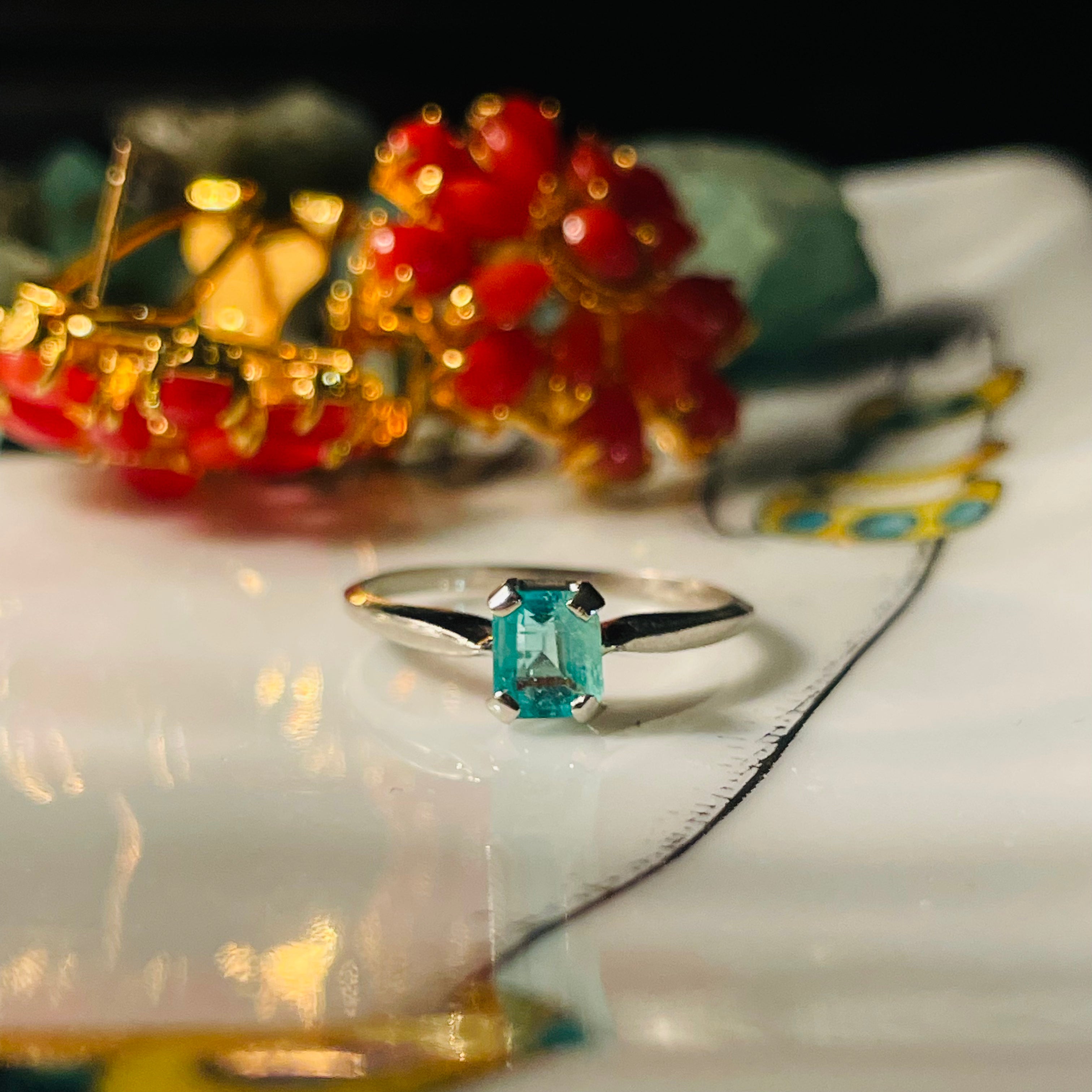Solitaire Colombian Emerald 14K White Gold Ring Size 6