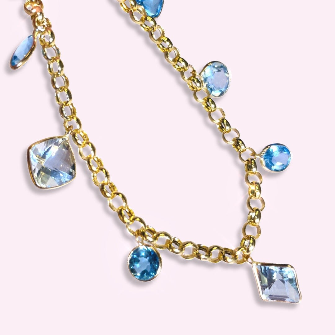 Natural Blue Topaz Dangling 14K Yellow Gold Charm Bracelet
