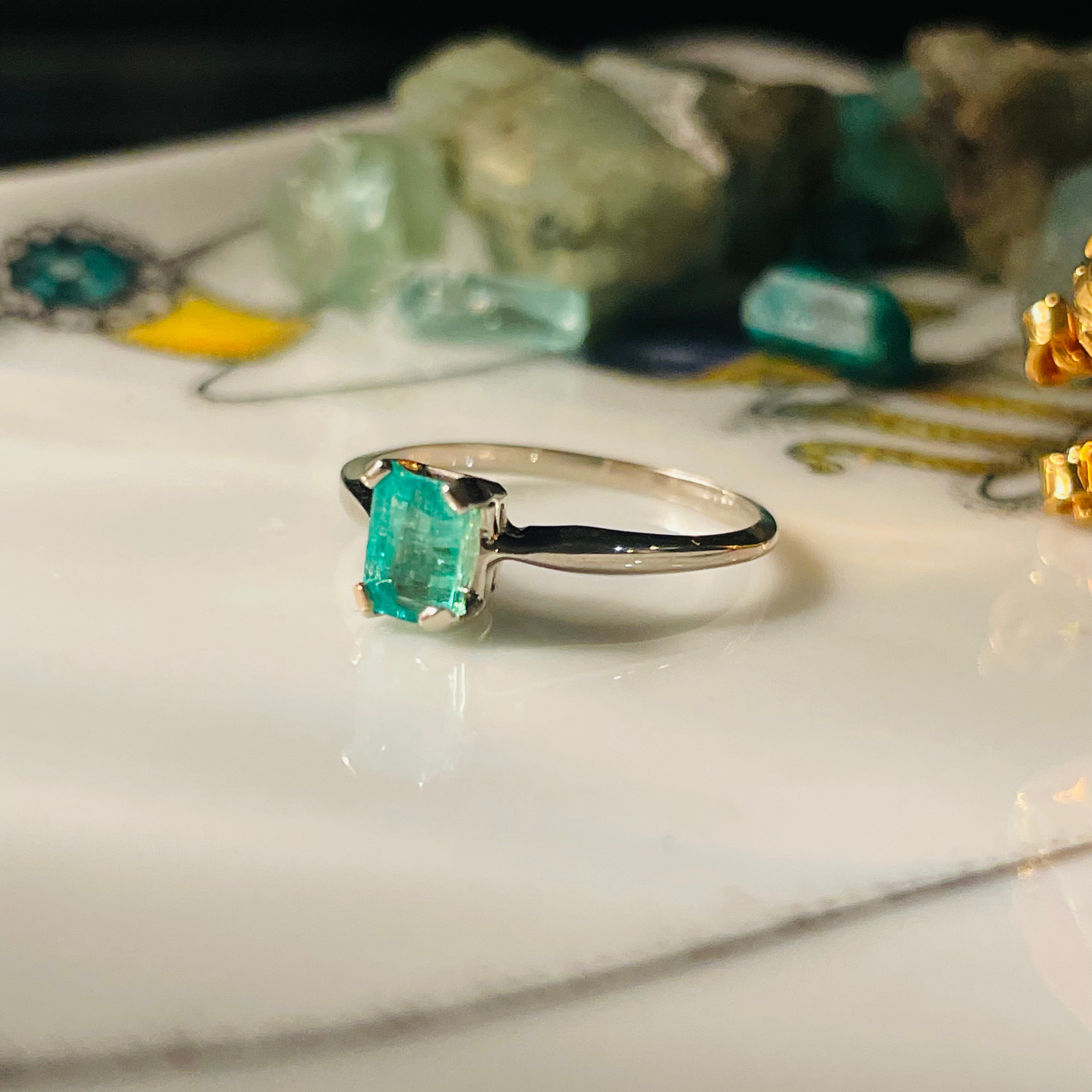 Solitaire Colombian Emerald 14K White Gold Ring Size 6
