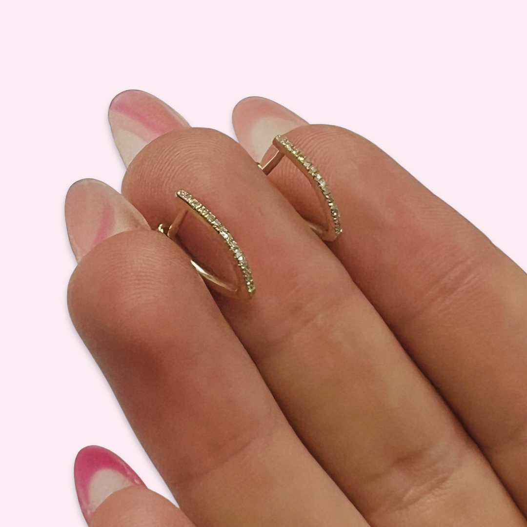 Solid 14K Yellow Gold Diamond V Shape Huggie Hoops .47"