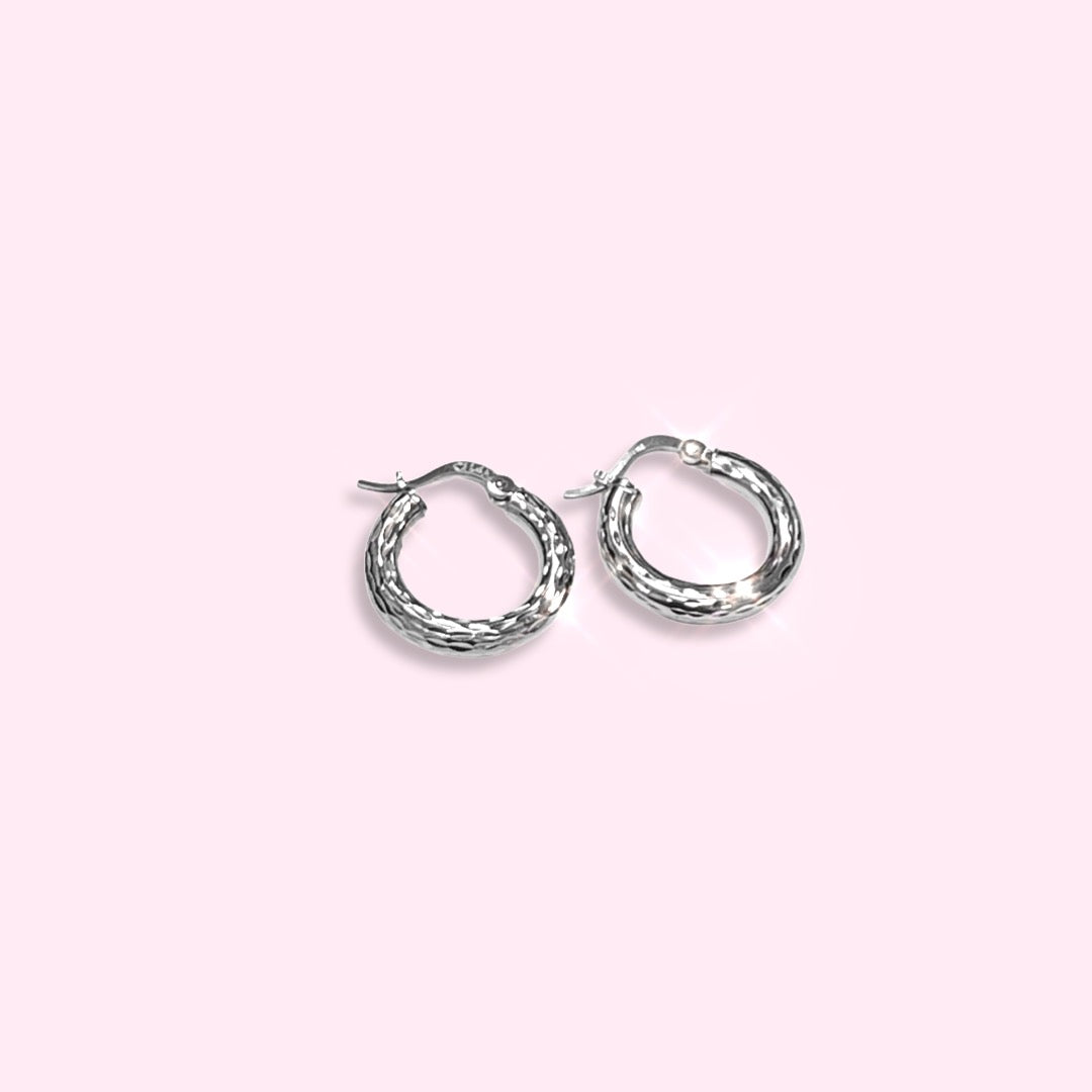 14K .65" 3mm White Gold Textured Hoop Earrings