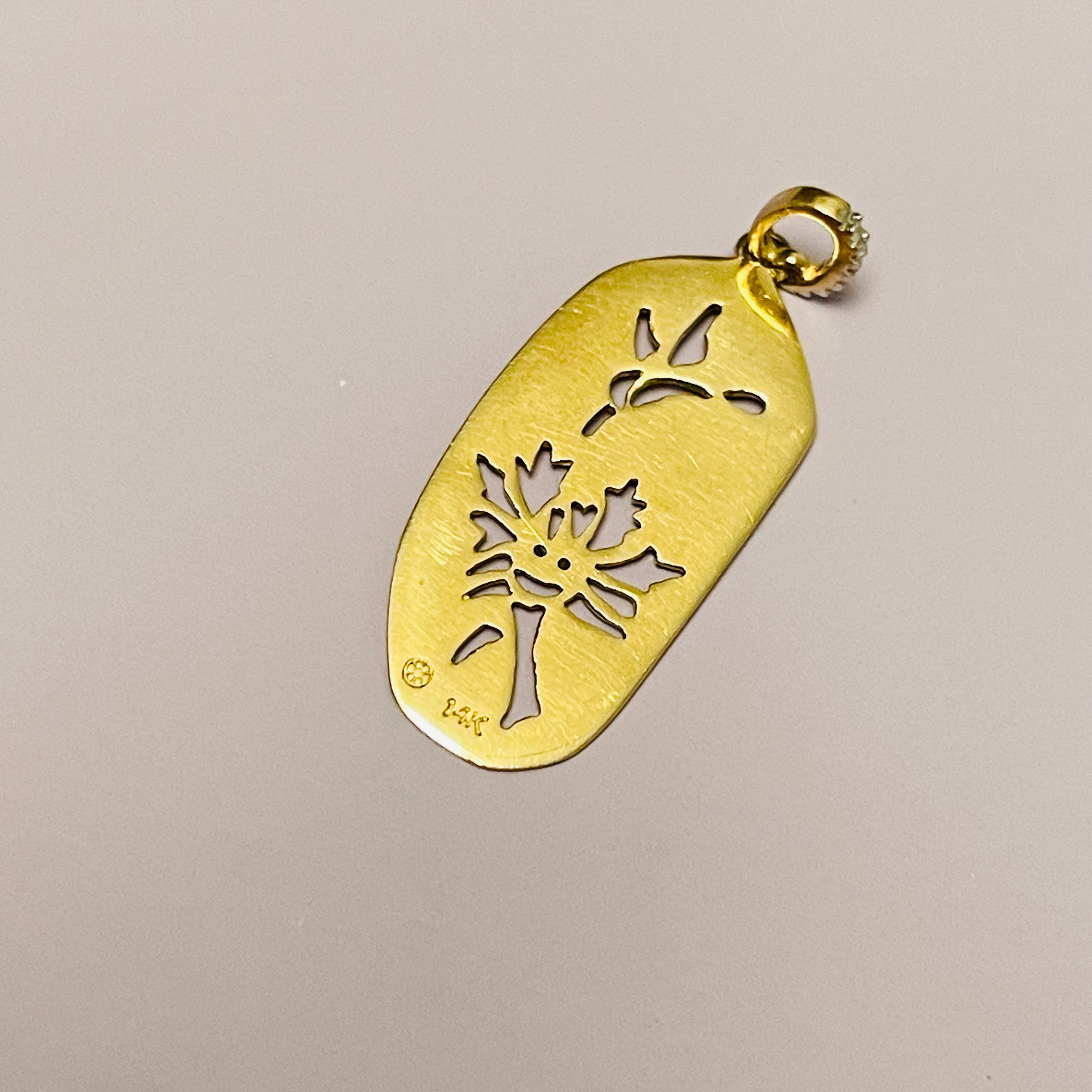 14K Yellow Gold Humming Bird and Flower Silhouette Diamond Pendant