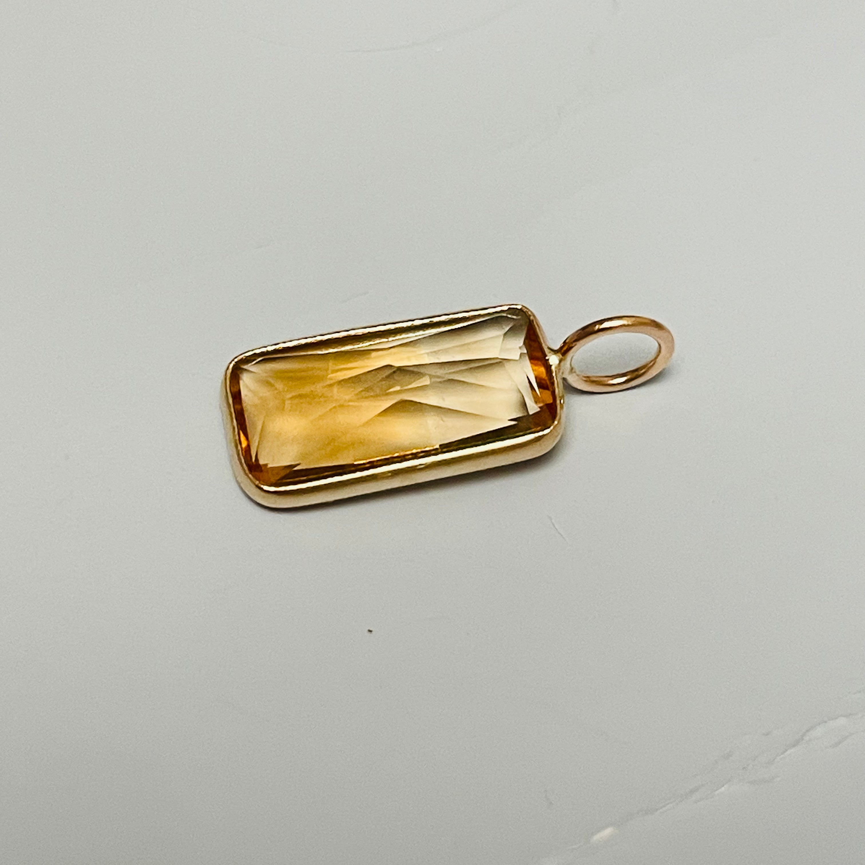 Natural Yellow Citrine Elongated Emerald Cut 14K Yellow Gold Pendant Charm 13x6.5mm