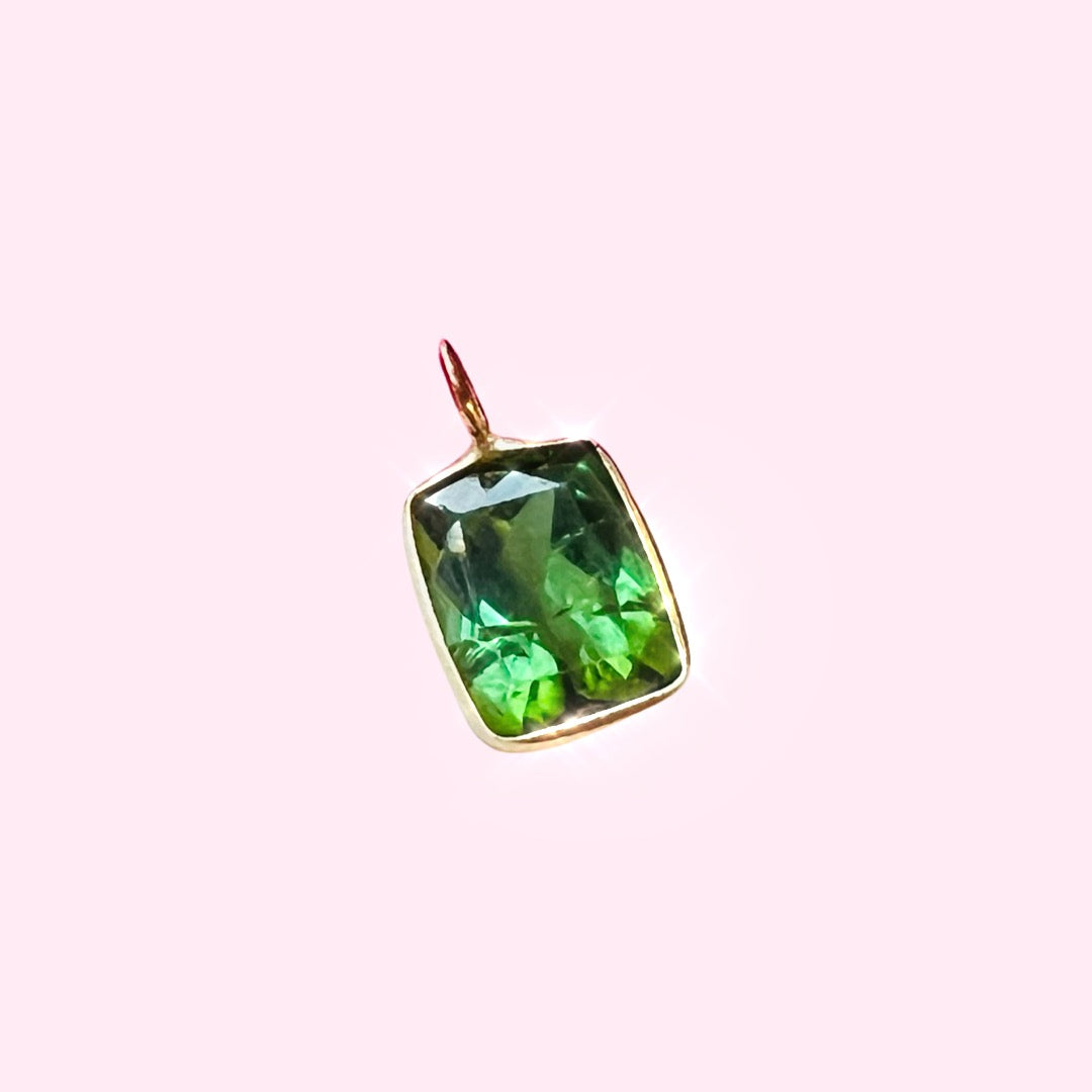 Luminous Chrome Green Cushion Cut Tourmaline 14K Yellow Gold Pendant Charm