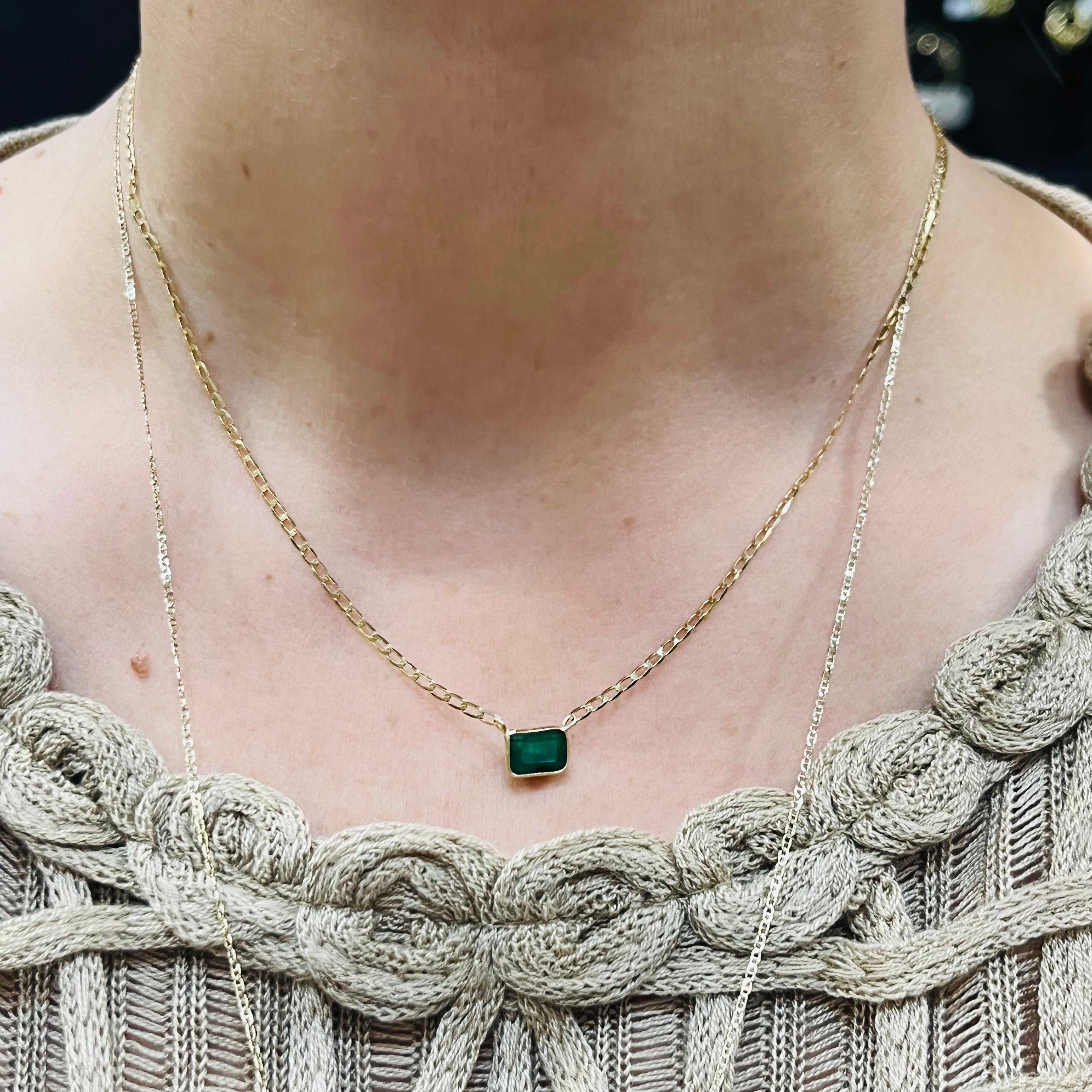 14K Yellow Gold Solitaire Natural Rectangular Emerald Necklace, 16"