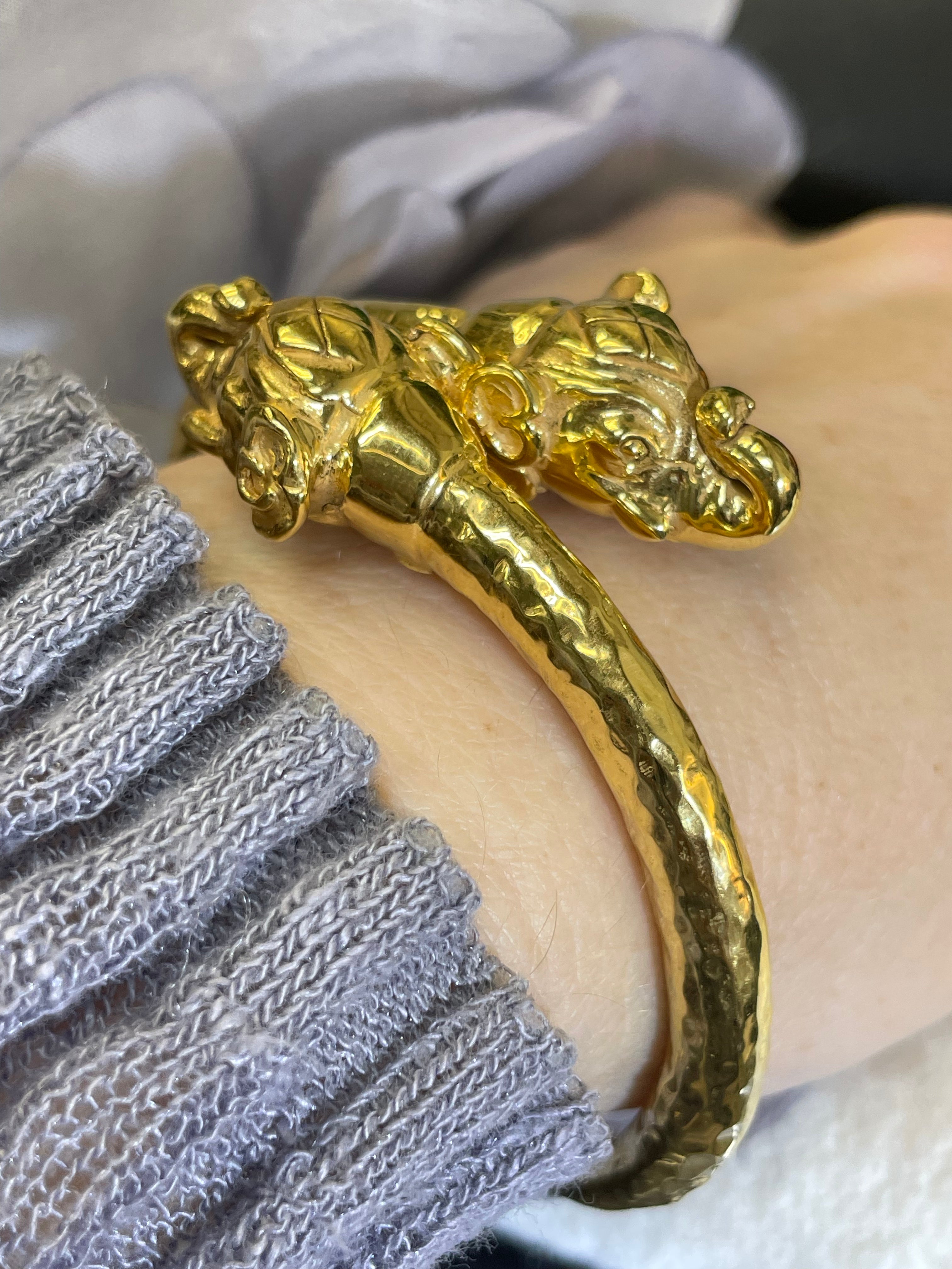 14K Yellow Gold Double Headed Elephant Bangle Wrap Bracelet