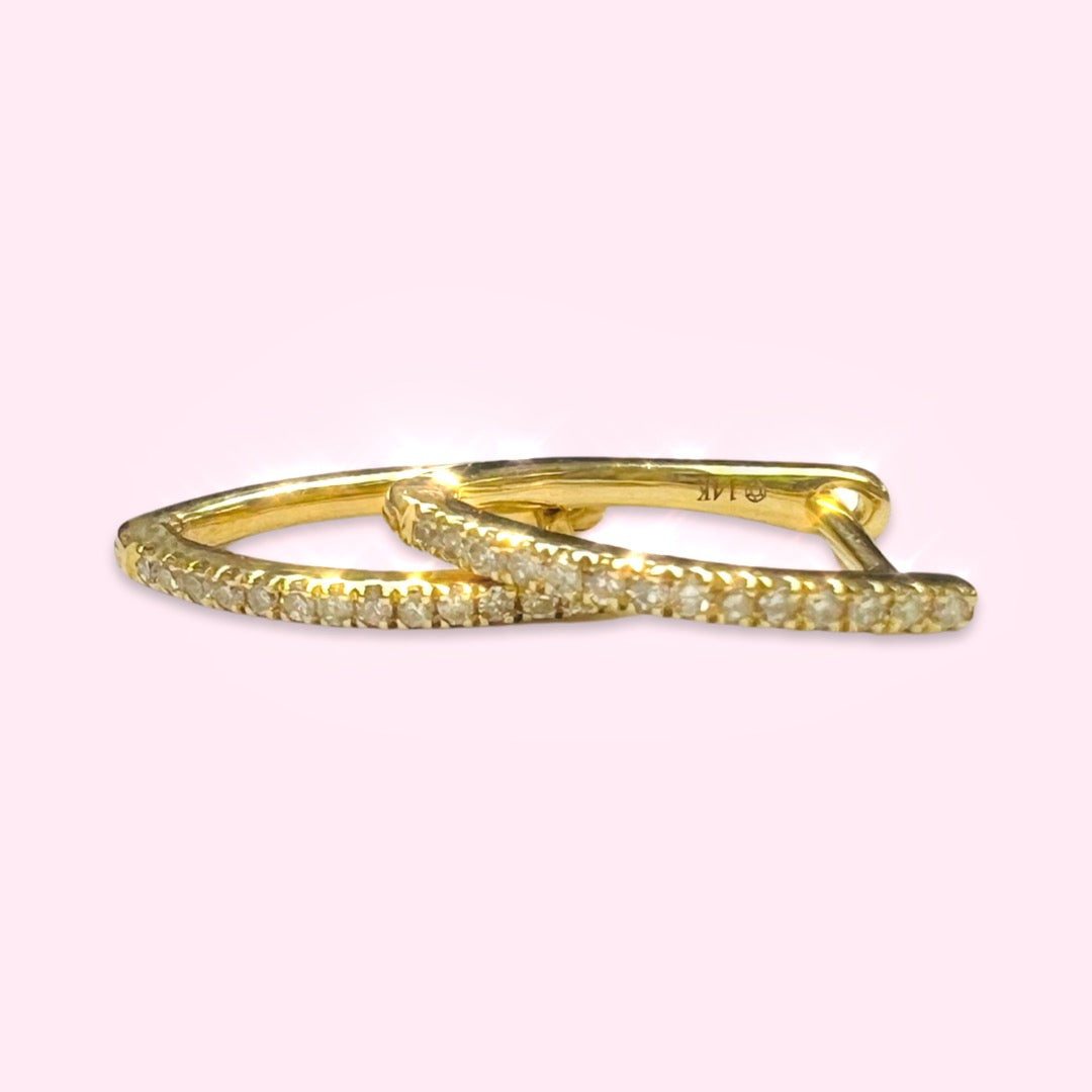 Solid 14K Yellow Gold Diamond V Shape Huggie Hoops .47"