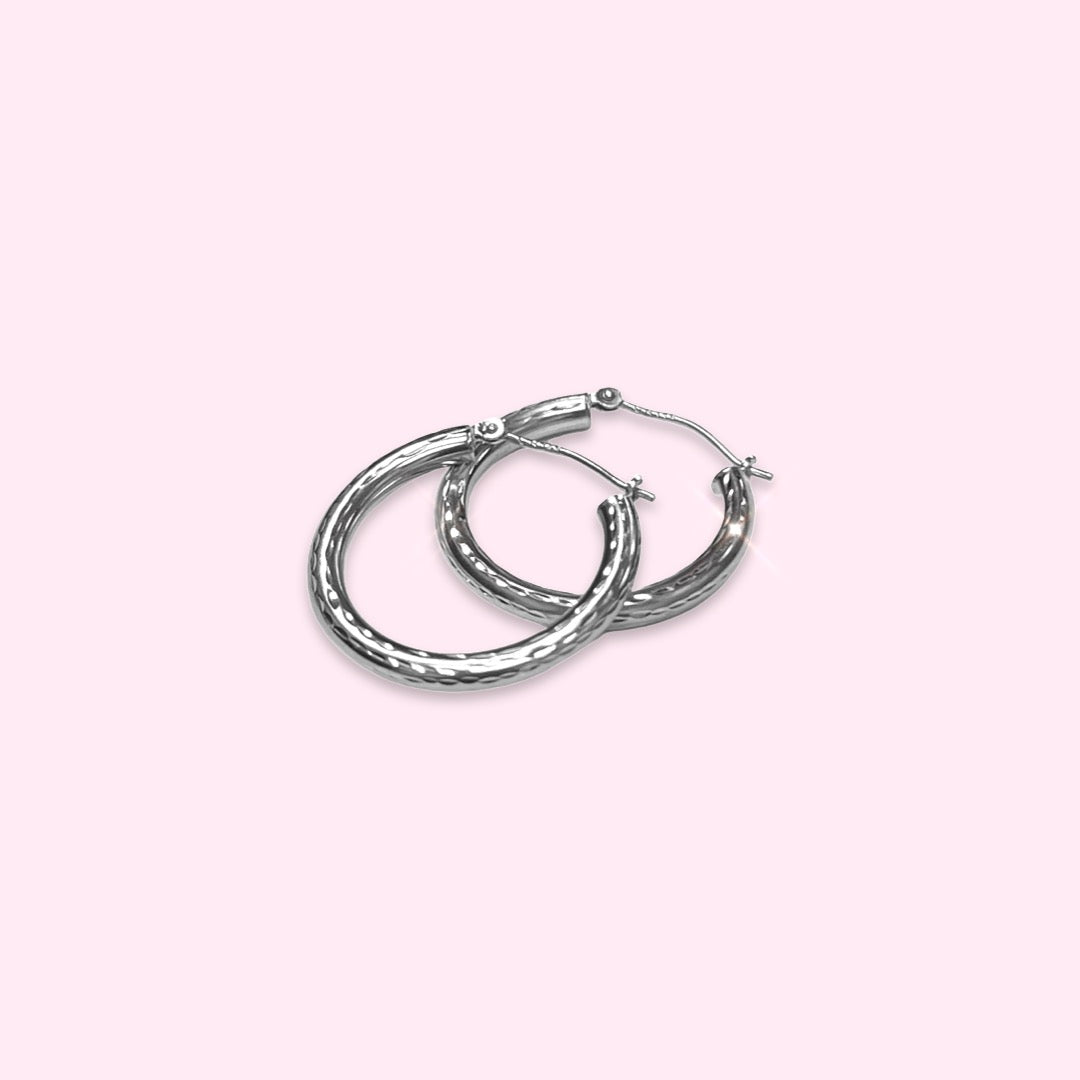14K 1" 3mm White Gold Hoop Earrings