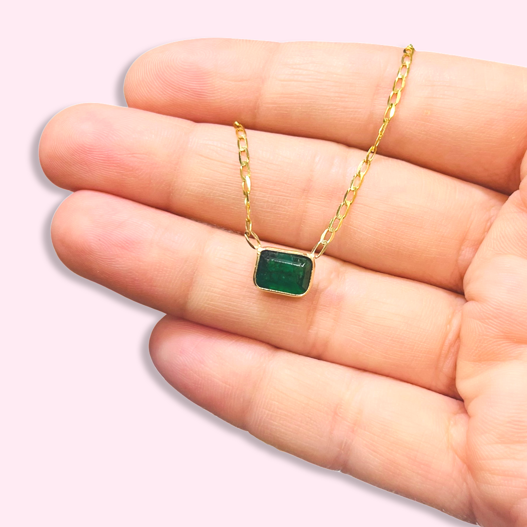 14K Yellow Gold Solitaire Natural Rectangular Emerald Necklace, 16"