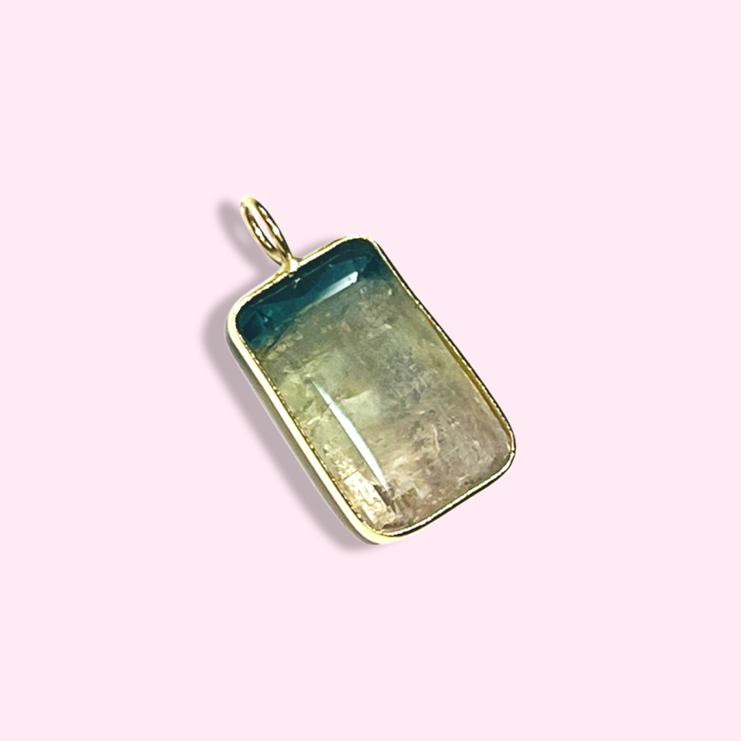 Blue and White Rectangular Tourmaline 14K Yellow Gold Pendant Charm 19x10mm