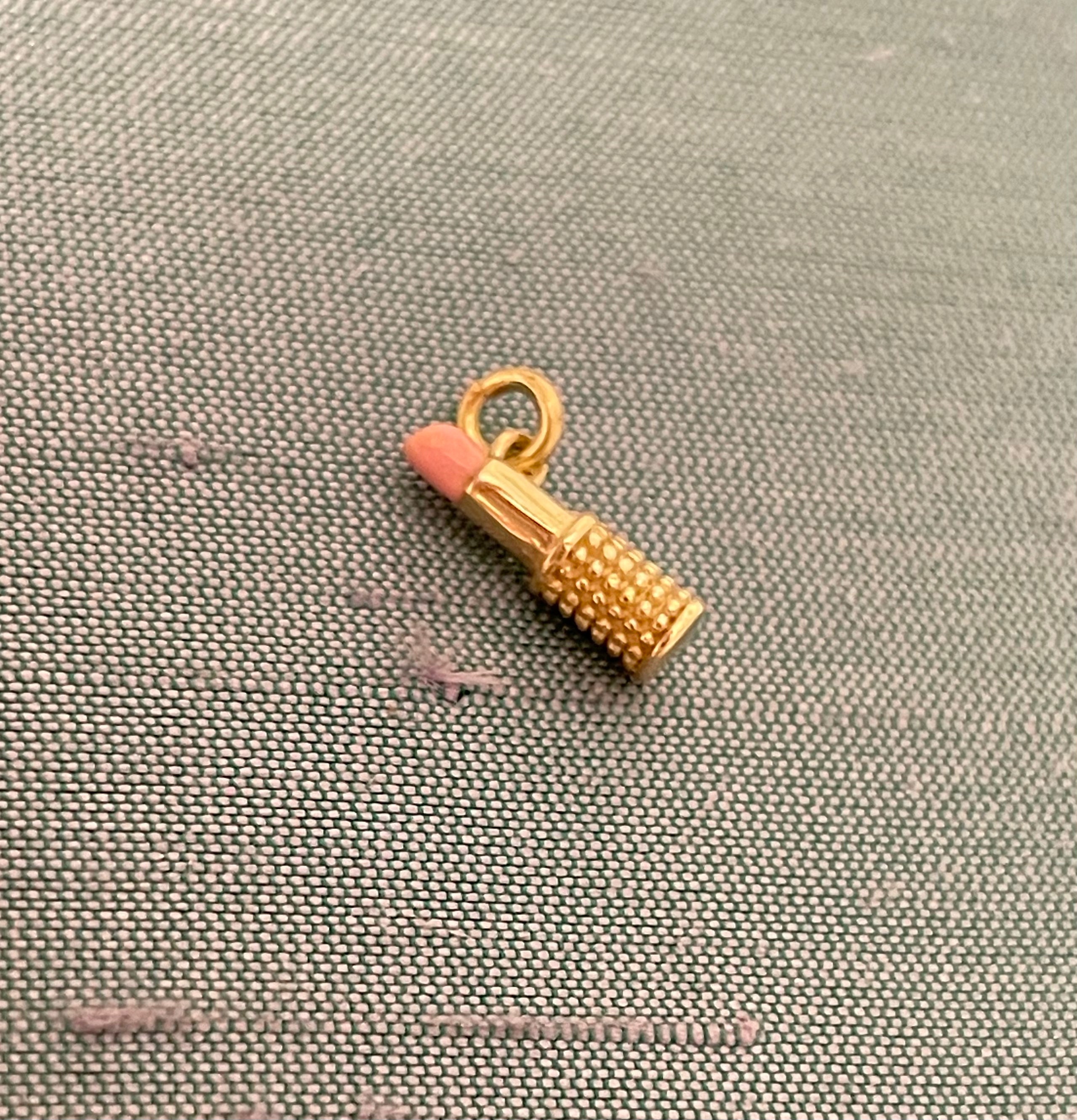 Mini Solid 14K Yellow Gold Pink Enamel Lipstick Charm Pendant