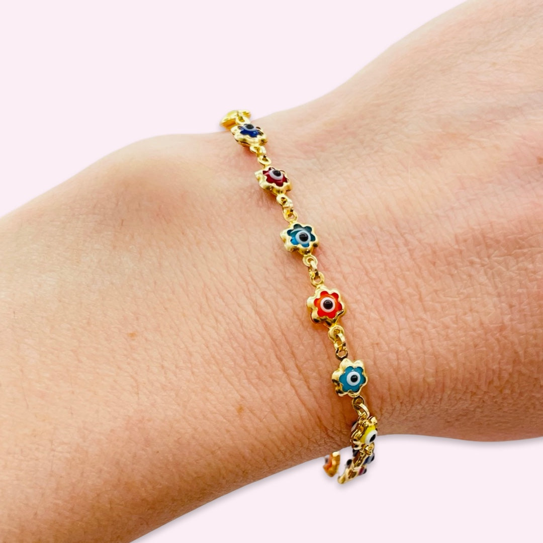 14K Yellow Gold Multi Color Evil Eye Flower Chain Bracelet