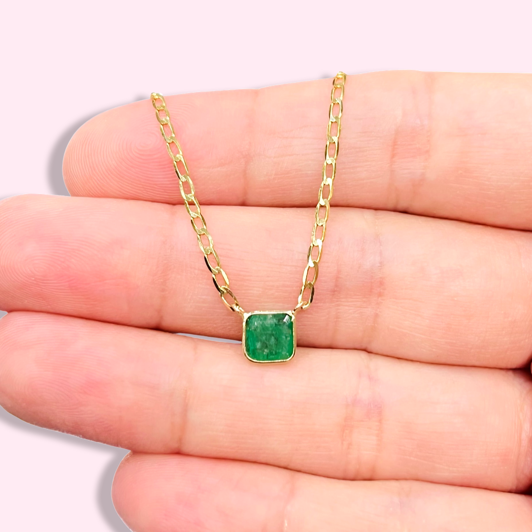 14K Yellow Gold Solitaire Square Natural Emerald Necklace, 18"