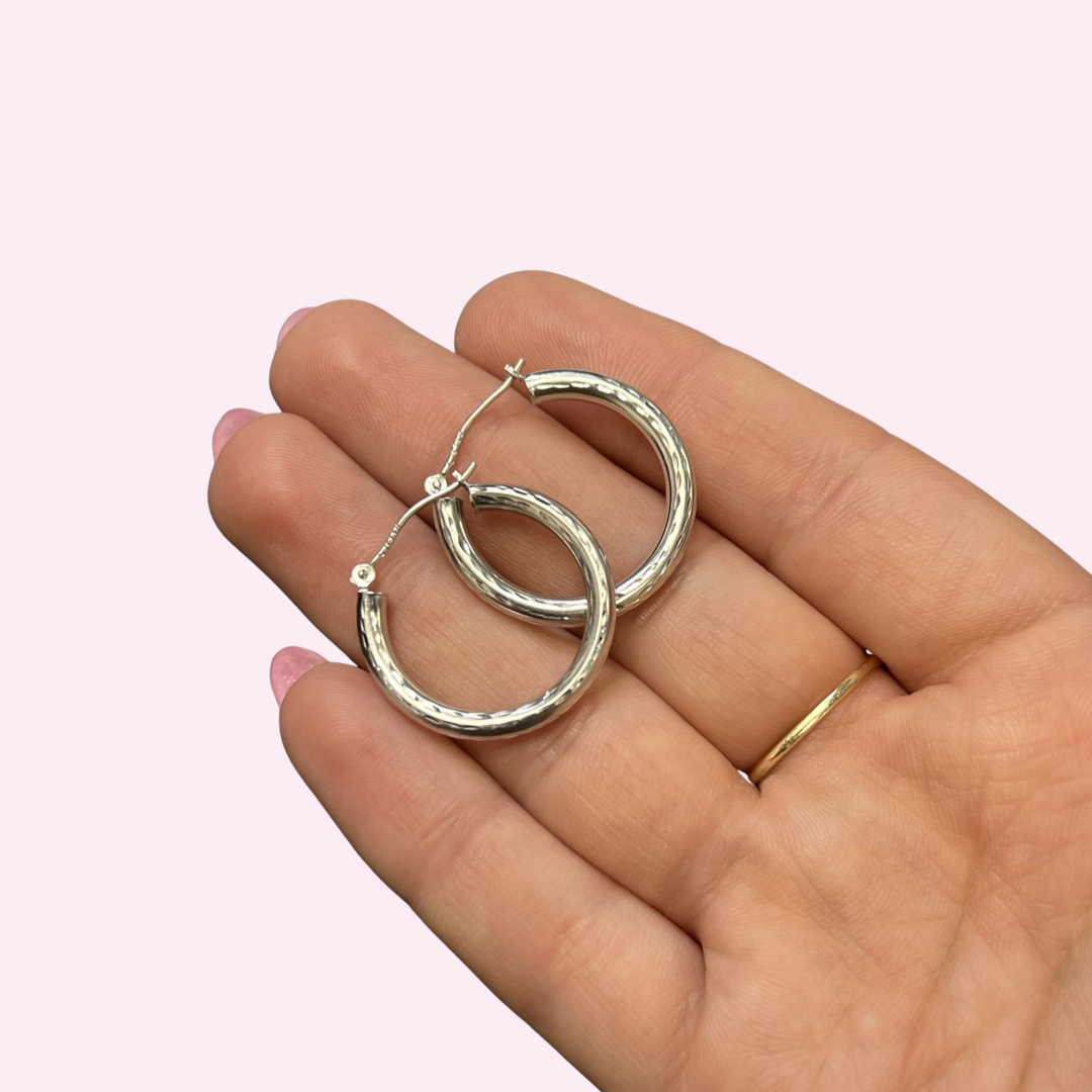 14K 1" 3mm White Gold Hoop Earrings