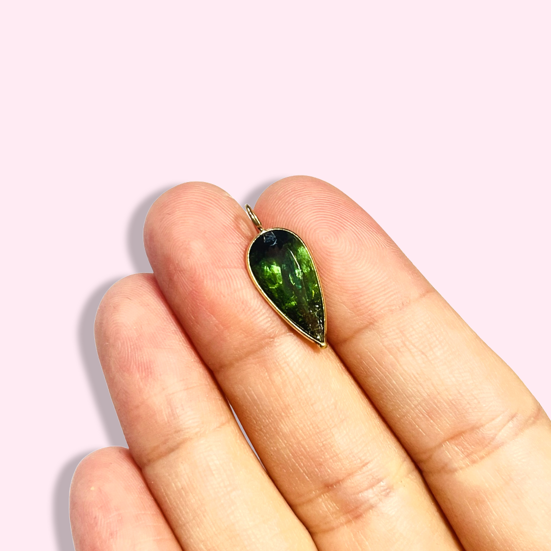 Deep Green Pear Cut Tourmaline 14K Yellow Gold Pendant Charm 22x9mm