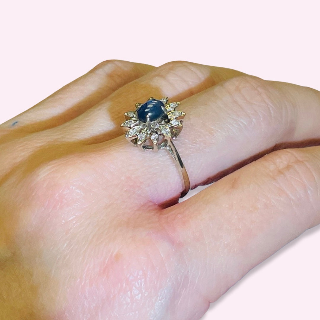 14K White Gold Natural Star Sapphire and Diamond Halo Ring sz 6