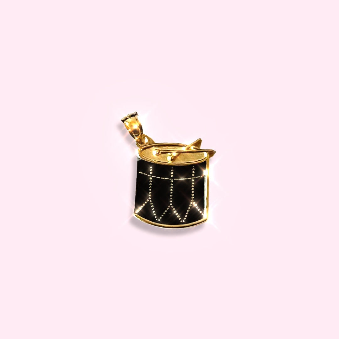14K Yellow Gold Black Enamel Fancy Drum Pendant Charm Pendant