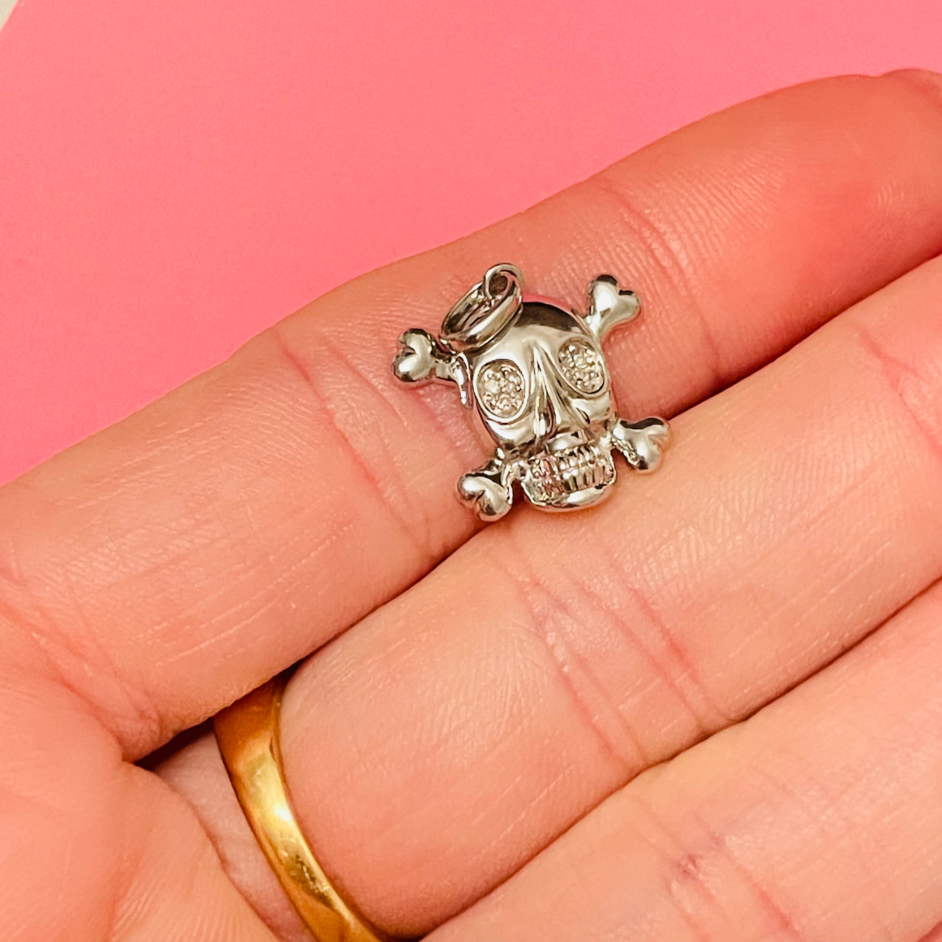 14K White Gold and Diamond Skull and Crossbones Charm Pendant