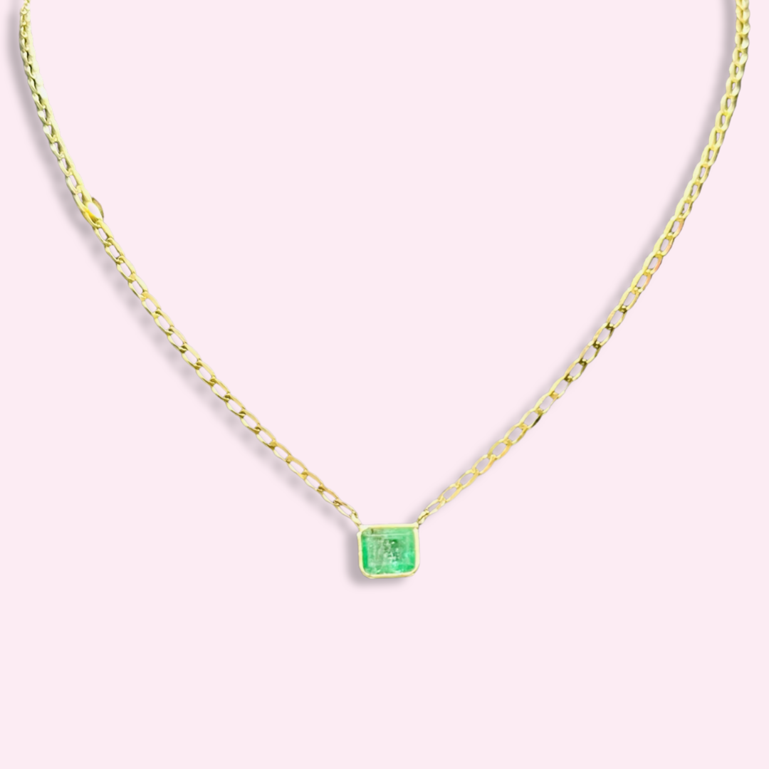 14K Yellow Gold Solitaire Natural Square Emerald Necklace, 16"