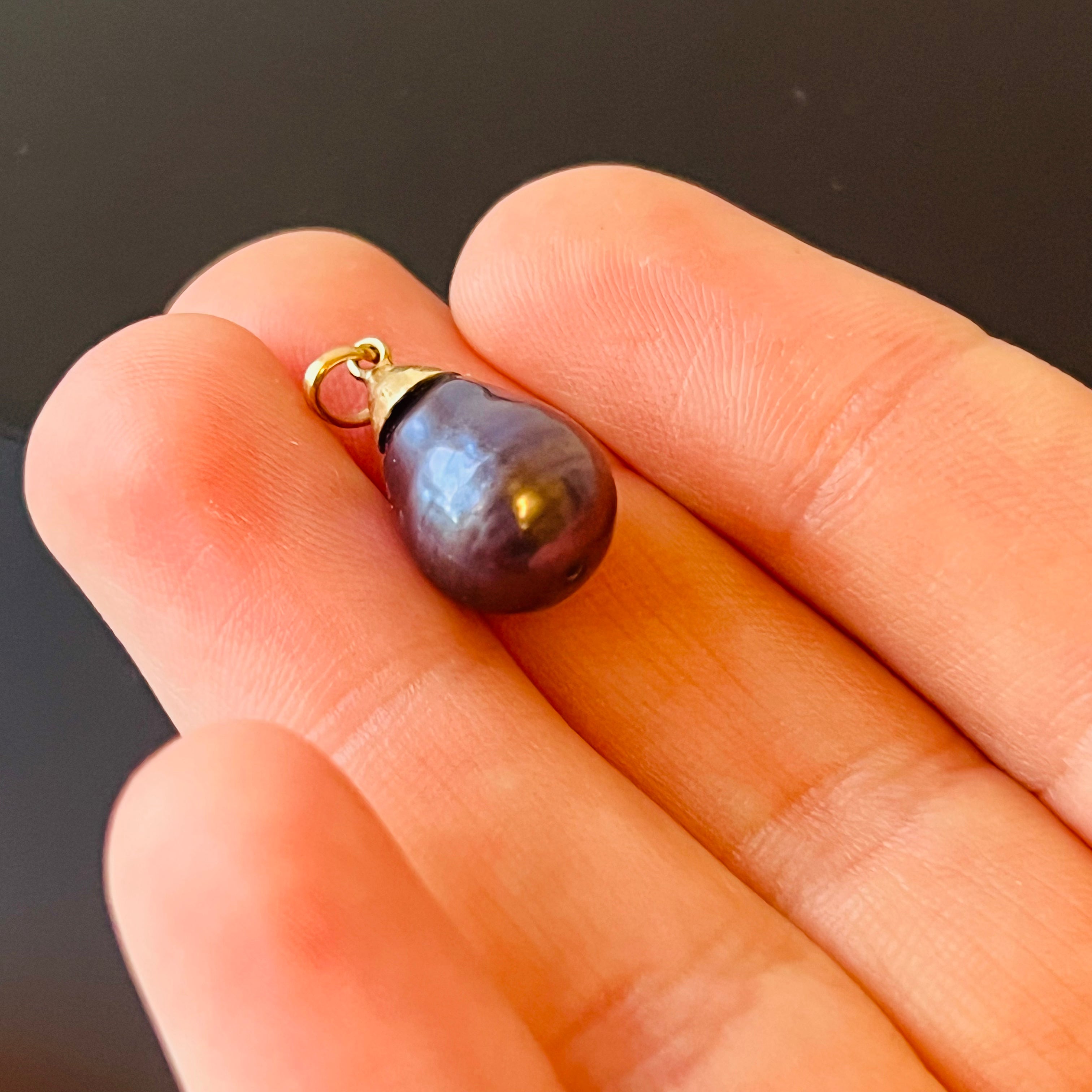 Black Pearl Pendant Charm 14K Yellow Gold