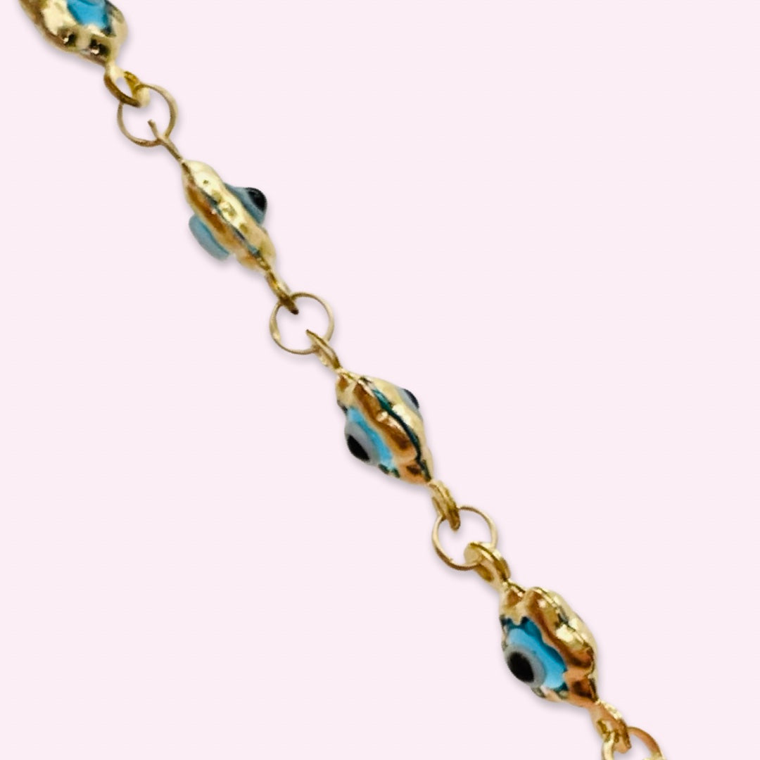 14K Yellow Gold Blue Teal Evil Eye Flower Chain Bracelet