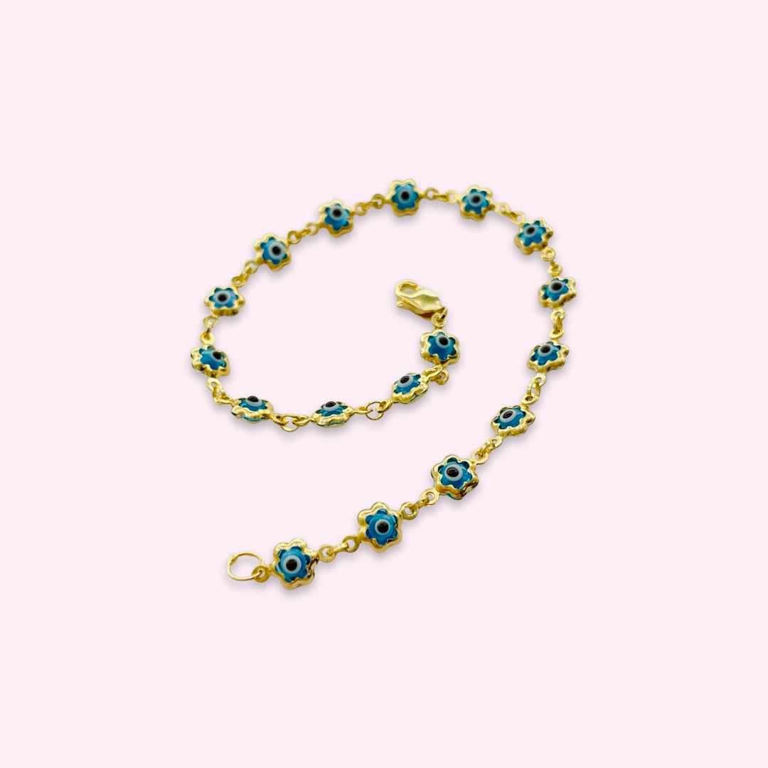 14K Yellow Gold Blue Teal Evil Eye Flower Chain Bracelet
