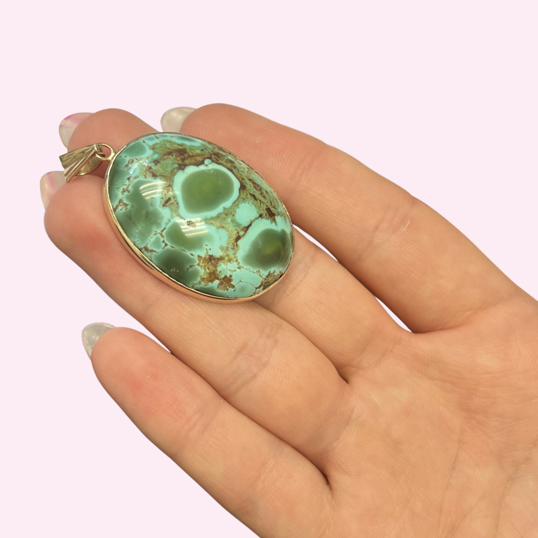 Large Natural Oval Turquoise 14K Pendant Pendant Charm 1.75 x 1.1"