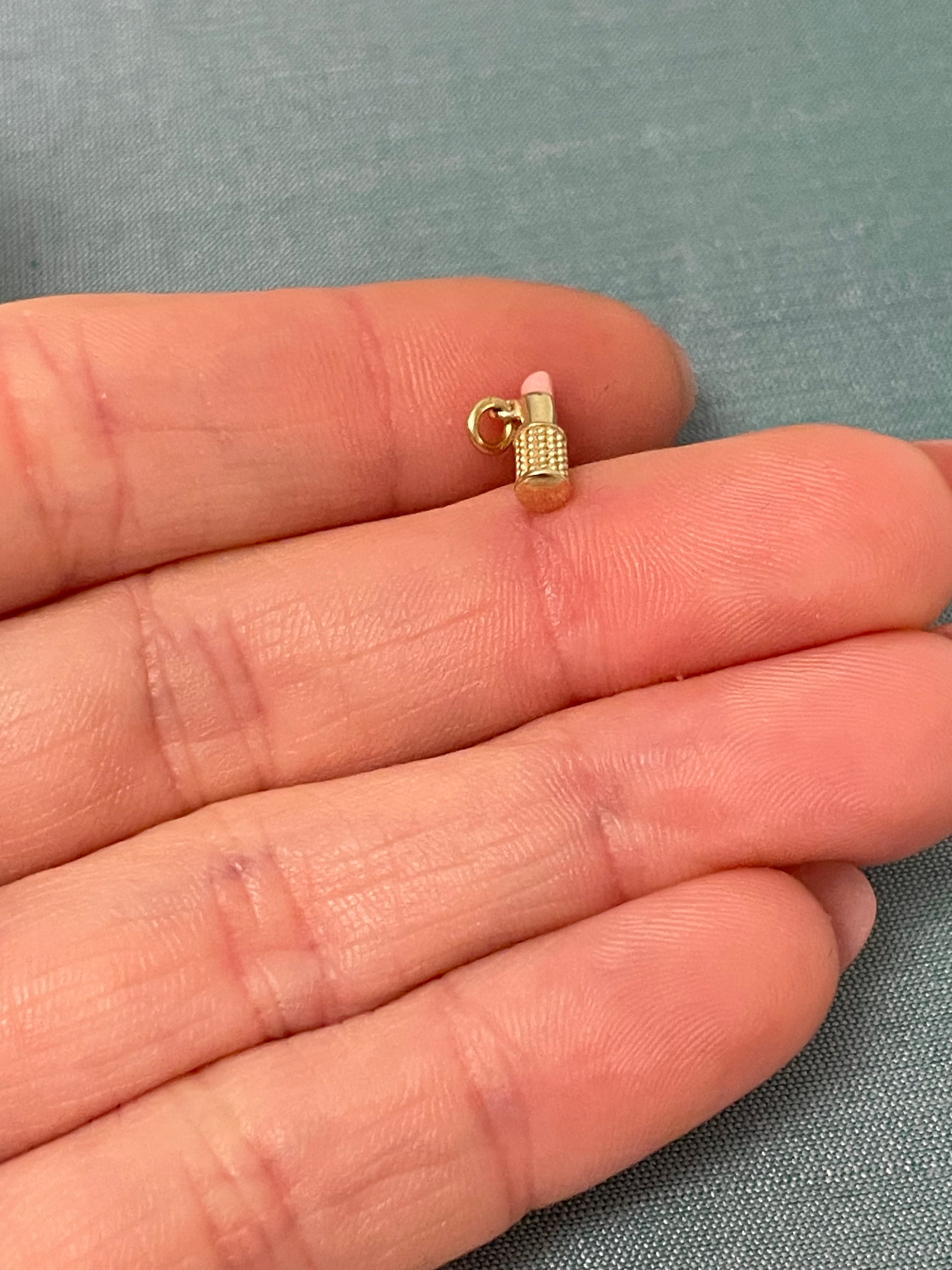 Mini Solid 14K Yellow Gold Pink Enamel Lipstick Charm Pendant