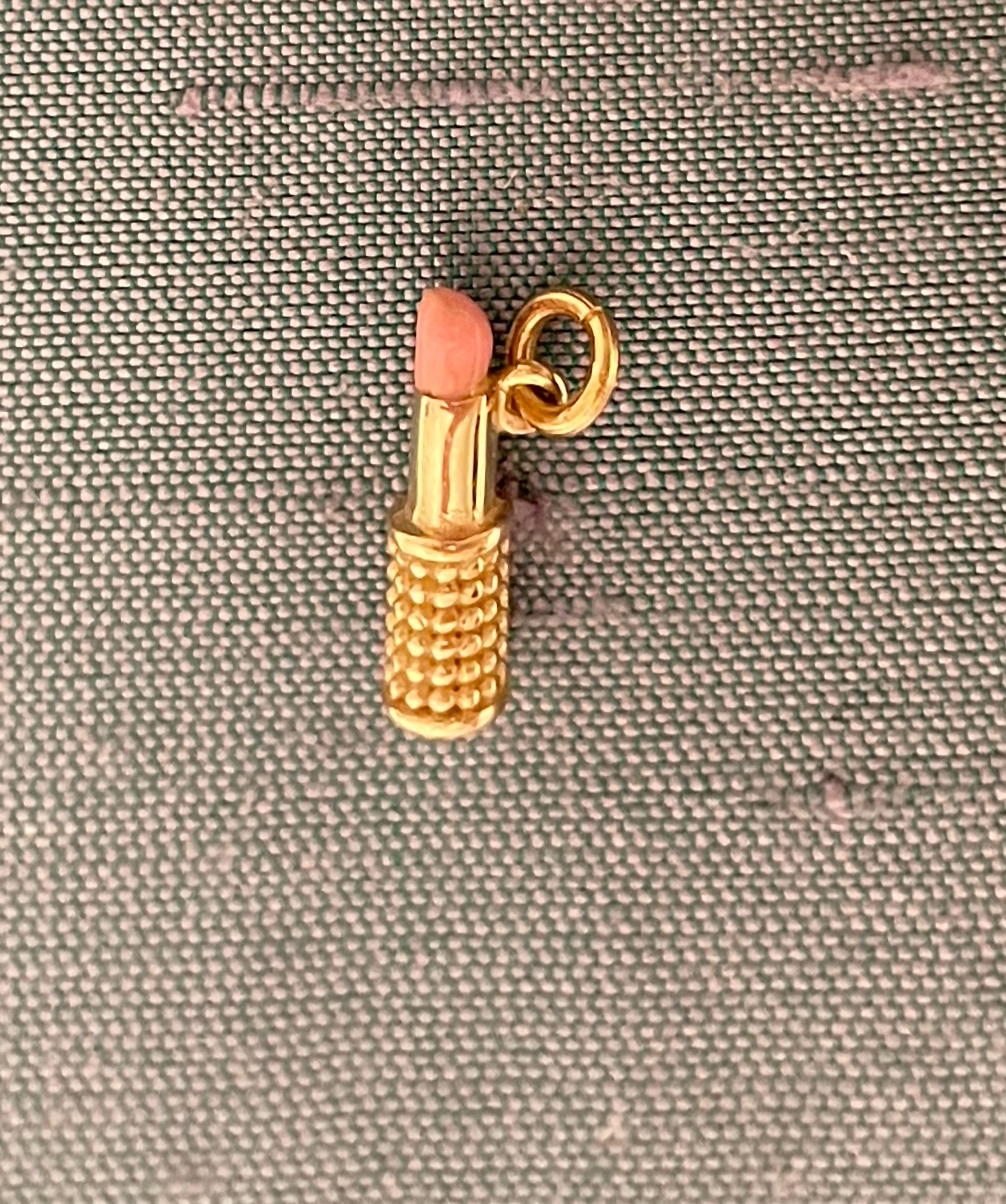 Mini Solid 14K Yellow Gold Pink Enamel Lipstick Charm Pendant