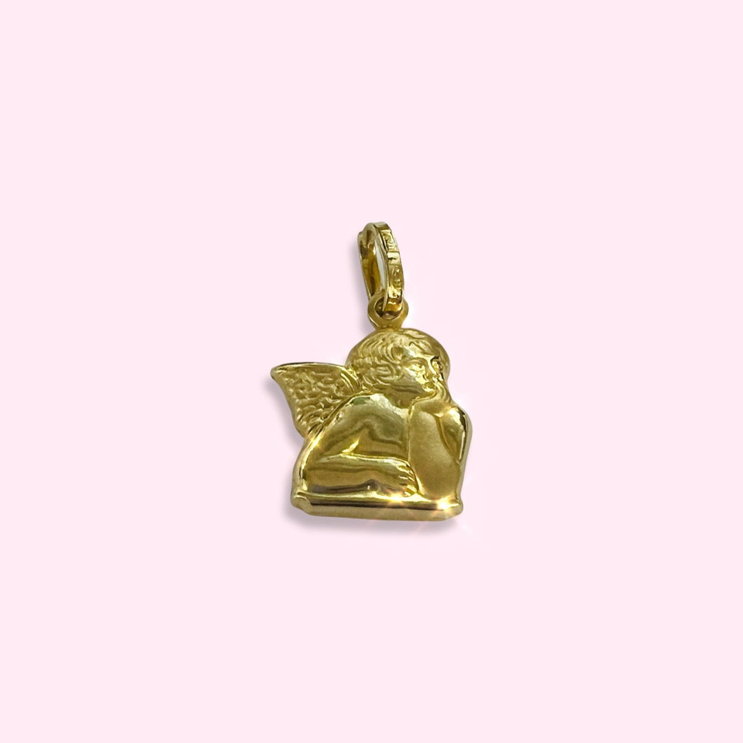 Sweet Thinking Angel Cherub Puffy Charm Pendant in 14K Yellow Gold 13